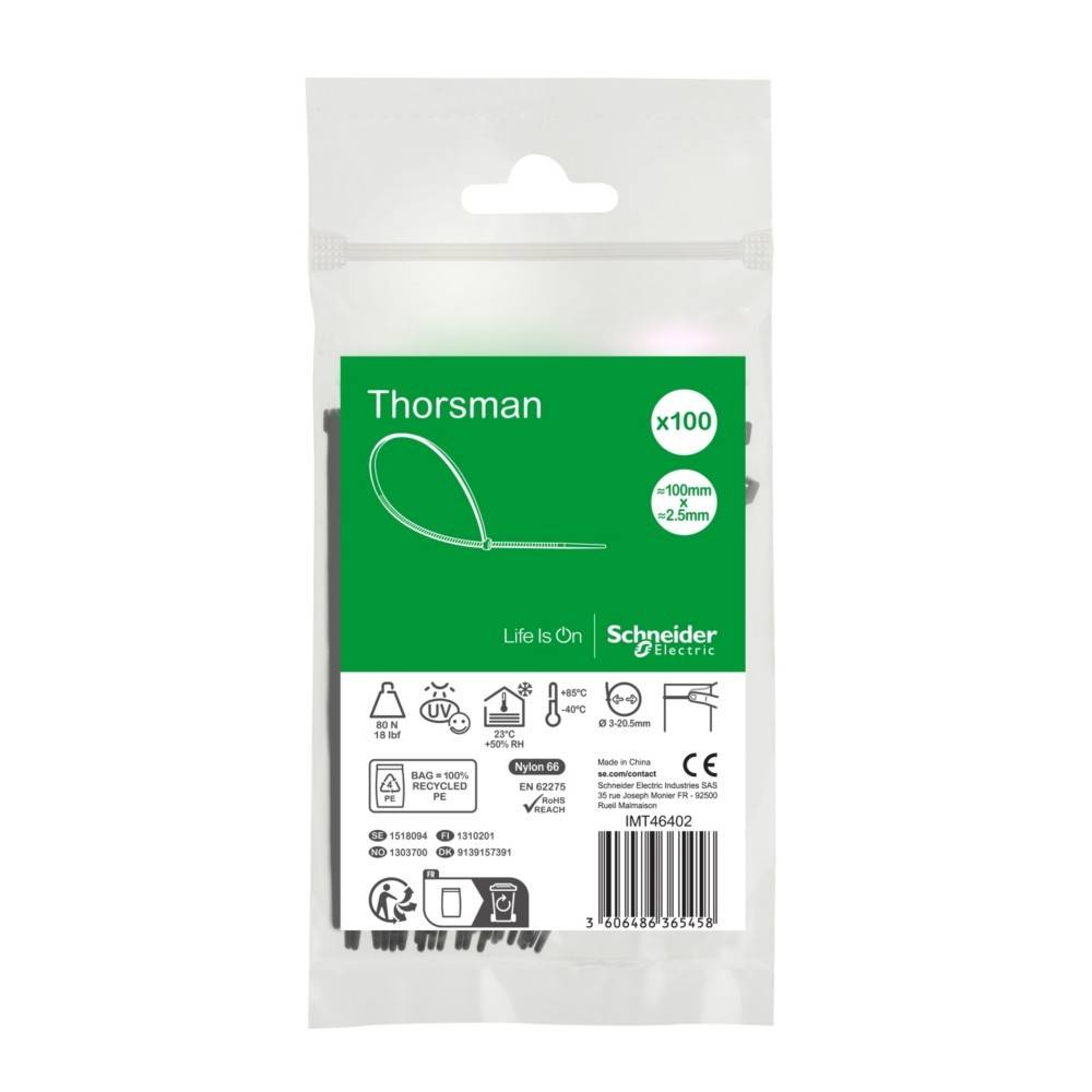 Ein Paket Schneider Electric Thorsman Kabelbinder, 100 Stück, 100mm x 2,5mm, mit Produktsymbolen und Recyclinginformationen.
