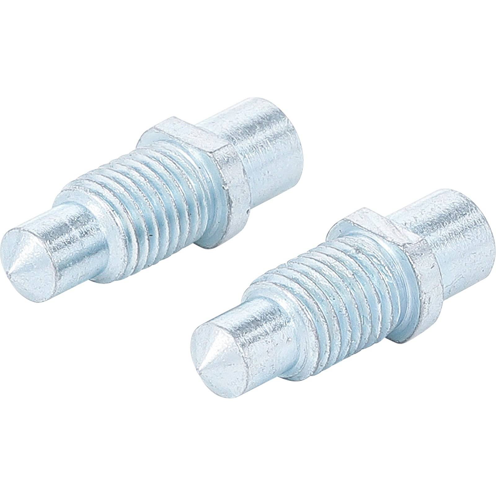 Zwei Metallbolzen mit Gewindeabschnitten und spitzen Spitzen, die nebeneinander auf einem weißen Hintergrund platziert sind.