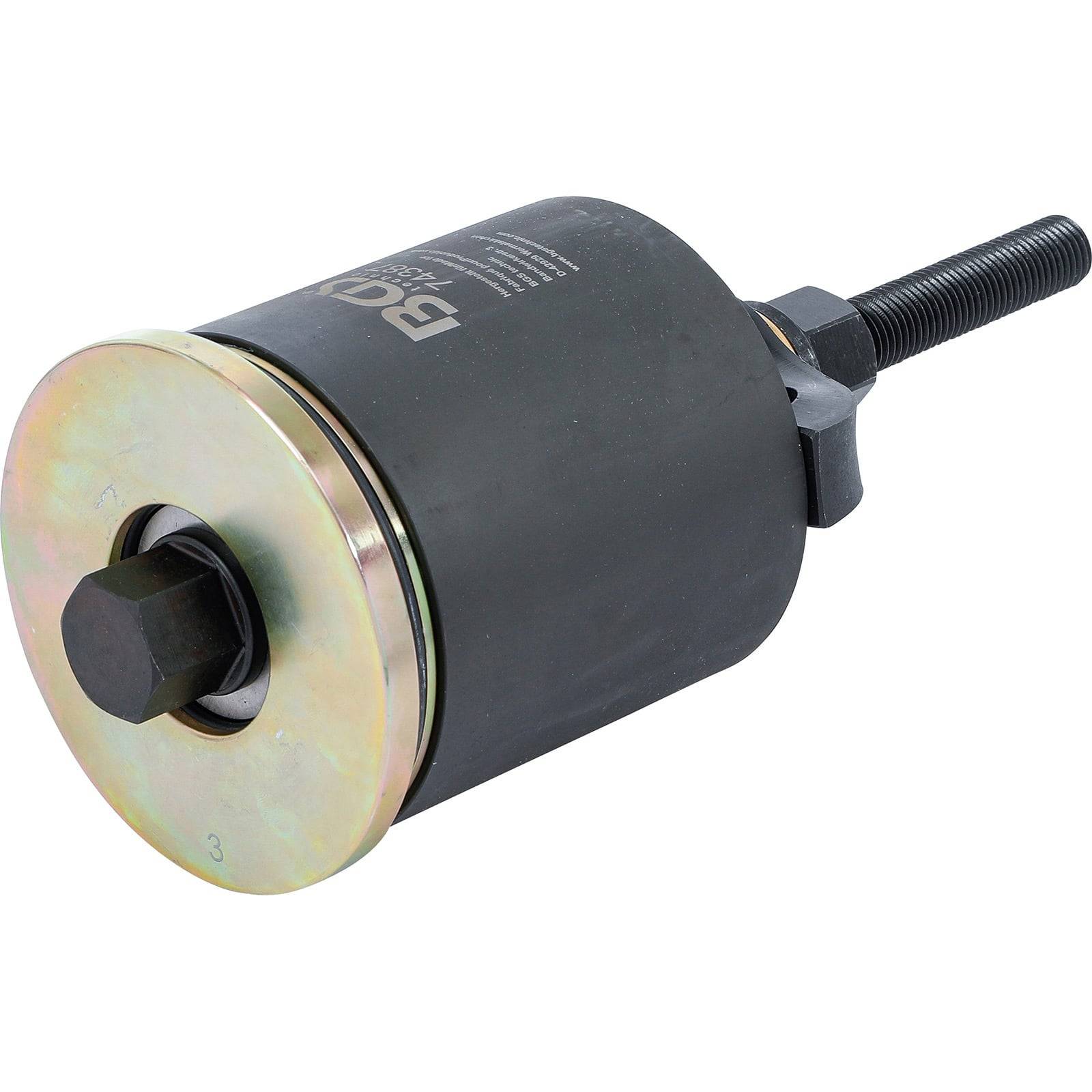 Ein zylindrischer Autotool mit einem Gewindelbolzen, der zum Entfernen oder Installieren bestimmter Motorkomponenten verwendet wird.