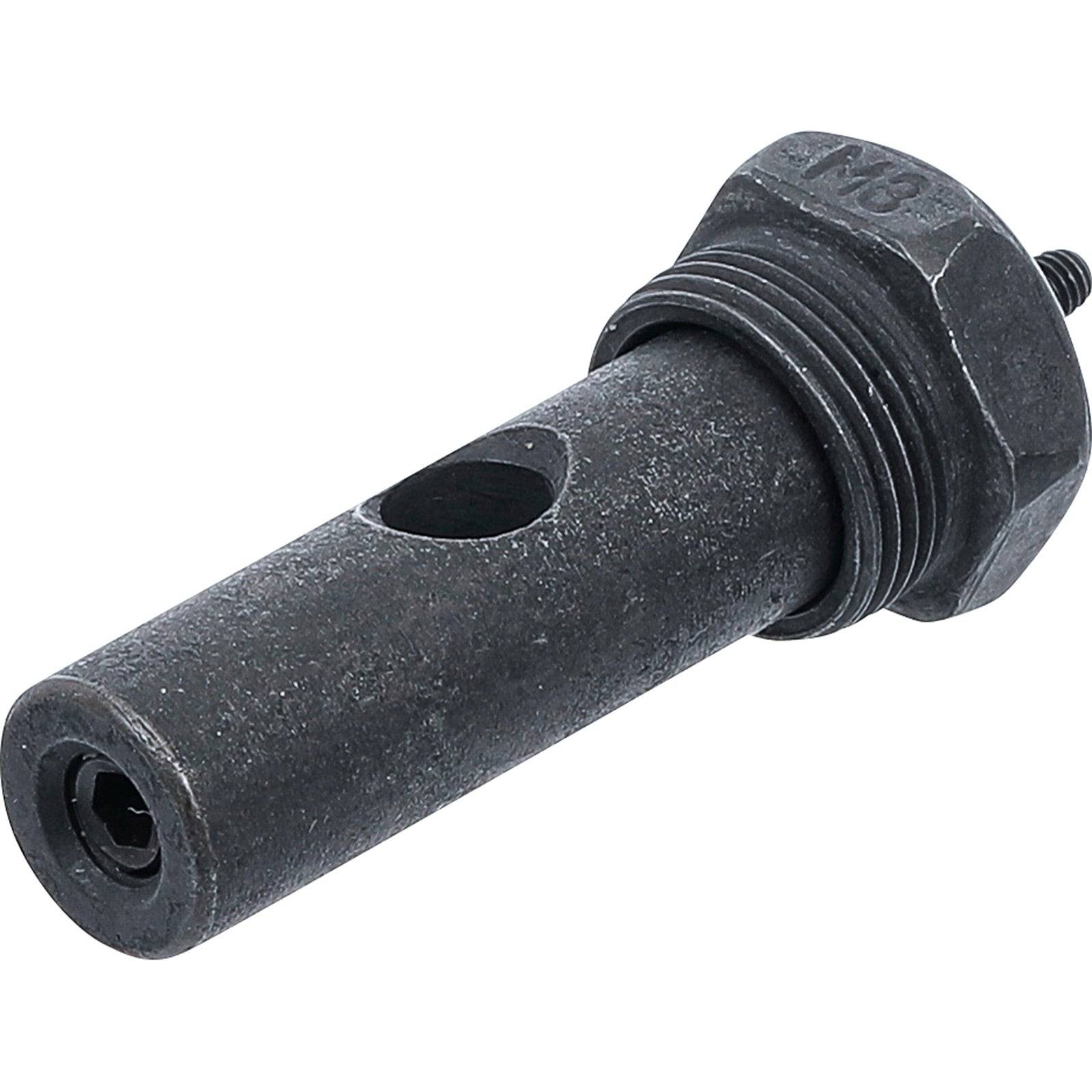 „Eine gewindete Metallkomponente mit einer zylindrischen Form, die eine seitliche Bohrung und einen sechseckigen Kopf an einem Ende aufweist.