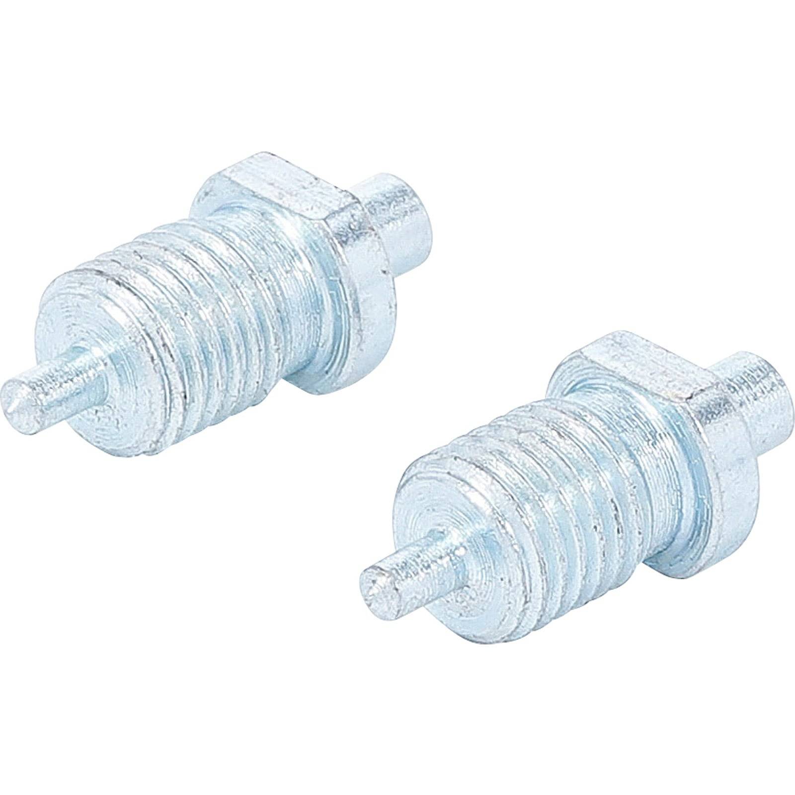 Zwei silbern gefädelte Metallschrauben mit sechseckigen Köpfen, die parallel zueinander vor einem schlichten Hintergrund positioniert sind.