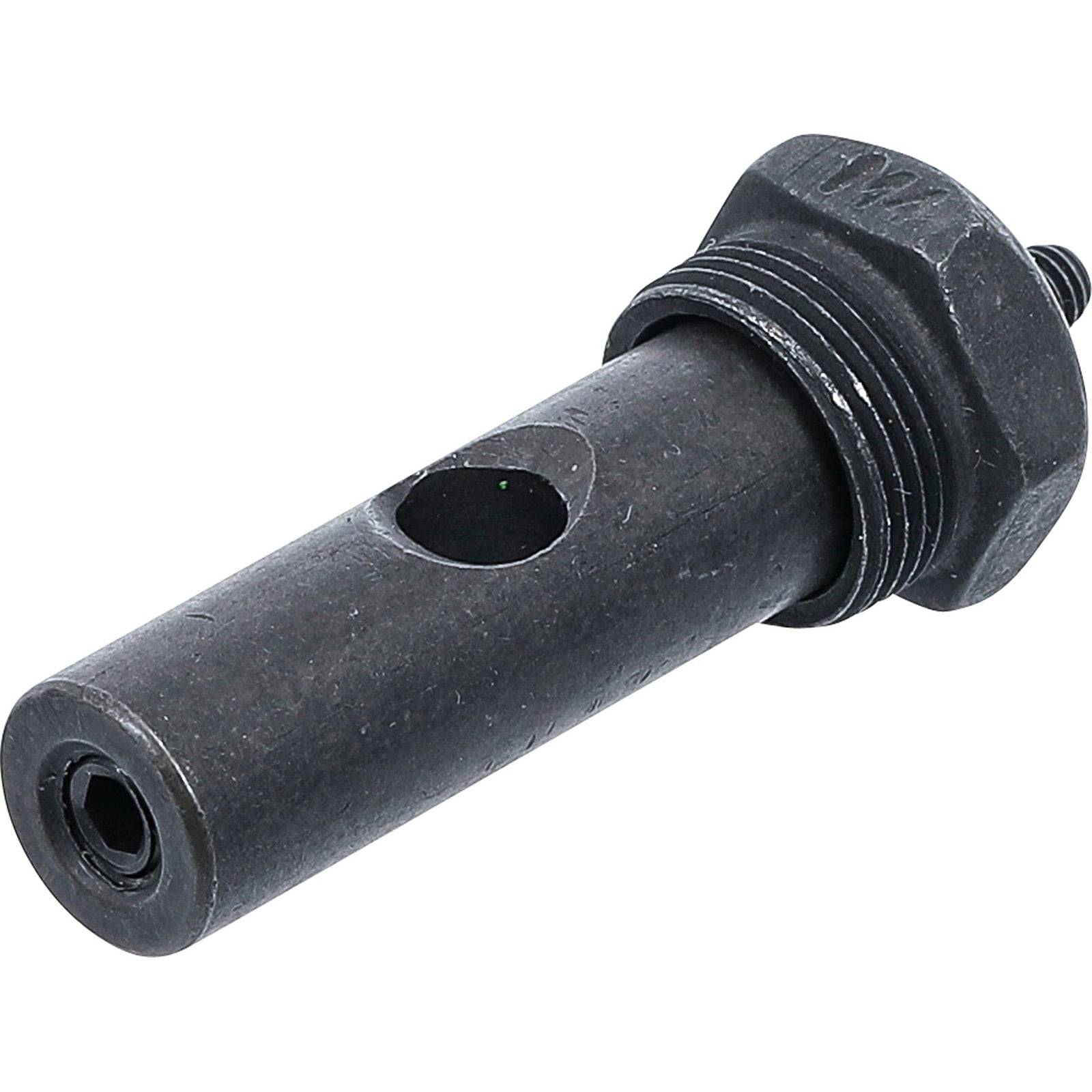 Ein schwarzes Metallwerkzeug mit einem zylindrischen Körper und sechseckigem Kopf, das eine Öffnung an seiner Seite aufweist und einem Bolzen oder Befestigungselement ähnelt.
