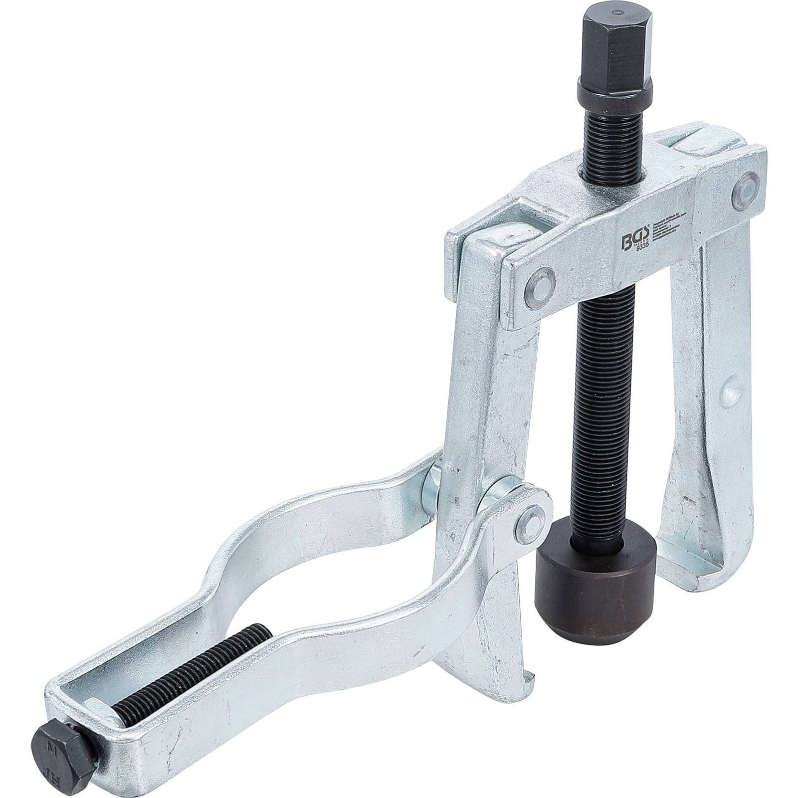 Ein metallisches Abzieher-Werkzeug mit einem geränderten Griff und zwei Greifarmem, verwendet zum Entfernen von Automobilteilen wie Zahnrädern oder Riemenscheiben.