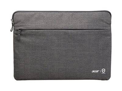 Graue Acer-Laptop-Schutzhülle mit frontalem Reißverschlussfach und kleinem Logo, dargestellt auf weißem Hintergrund