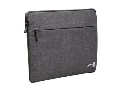 Graue Laptop-Schutzhülle mit Reißverschluss, Vordertasche und kleinem Acer-Logo auf weißem Hintergrund