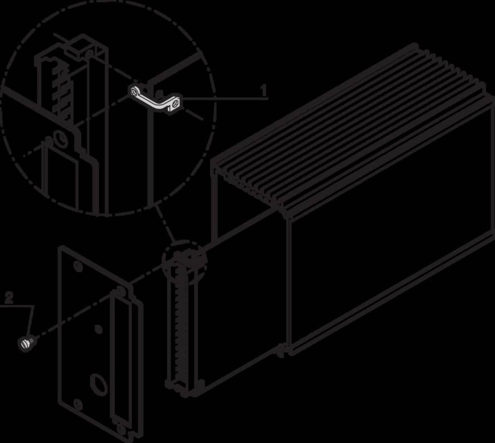 Explosionszeichnung, die Teile einer Halterungsbaugruppe zeigt, die an einer Einheit befestigt ist, mit hervorgehobenen Verbindern und Befestigungselementen.