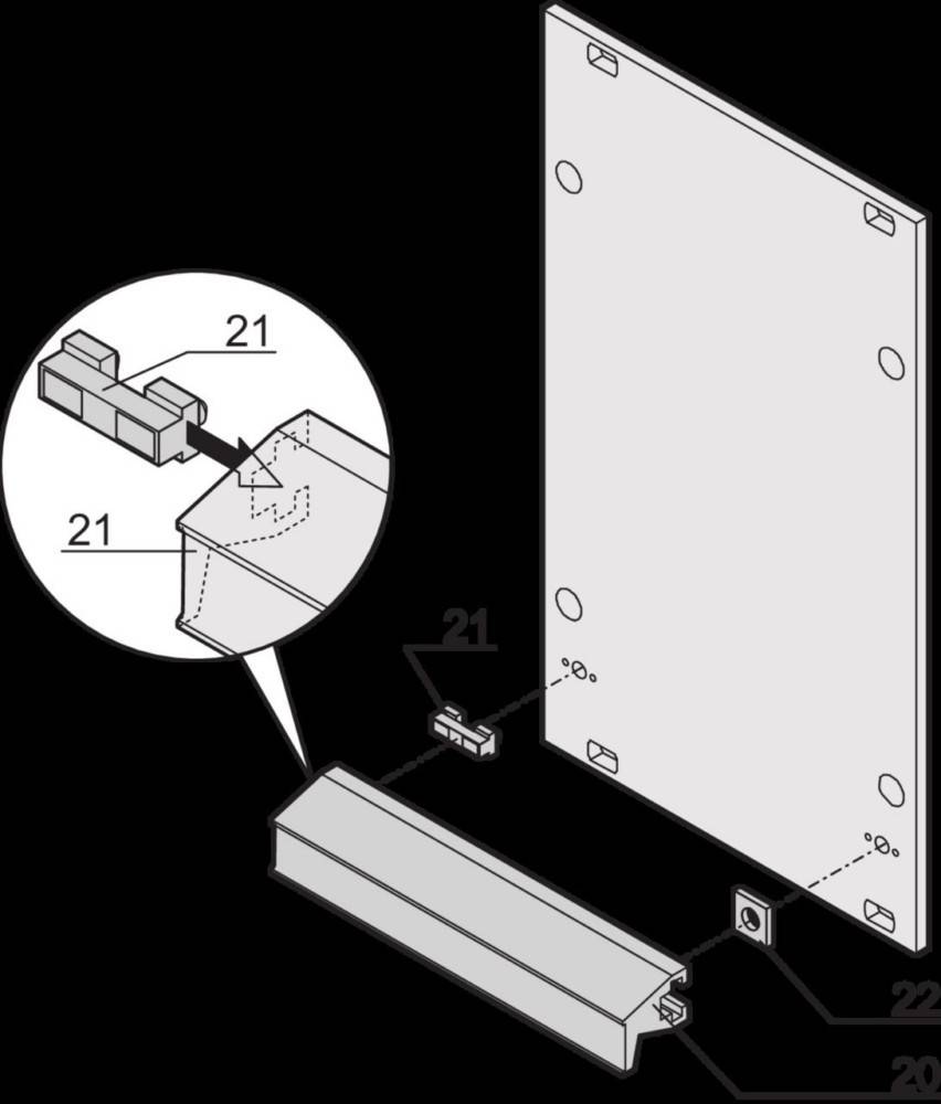 Diagramm, das die Montage eines Panels und eines Haltearms zeigt. Die Detailansicht hebt den Verbindungspunkt mit der Bezeichnung '21' hervor und zeigt Details zur Ausrichtung.