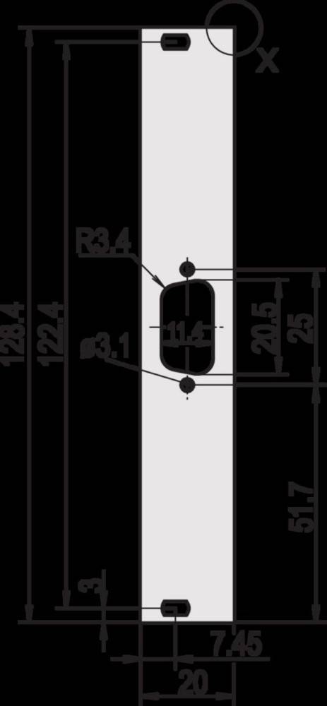 Technische Zeichnung einer rechteckigen Schlitzes mit abgerundeten Enden auf schwarzem Hintergrund. Abmessungen: 'R3.4', '11.4', '20.5', '25', '122.4', '128.4'.