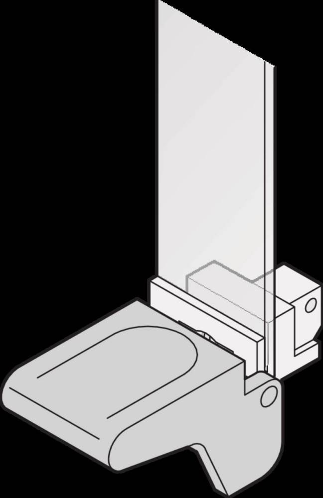 Eine Skizze einer Toilettenkabine mit einer Schiebetür in einem Grundriss der Toilettenanlage, mit Schwerpunkt auf dem Türmechanismus und dem umgebenden Einbau.