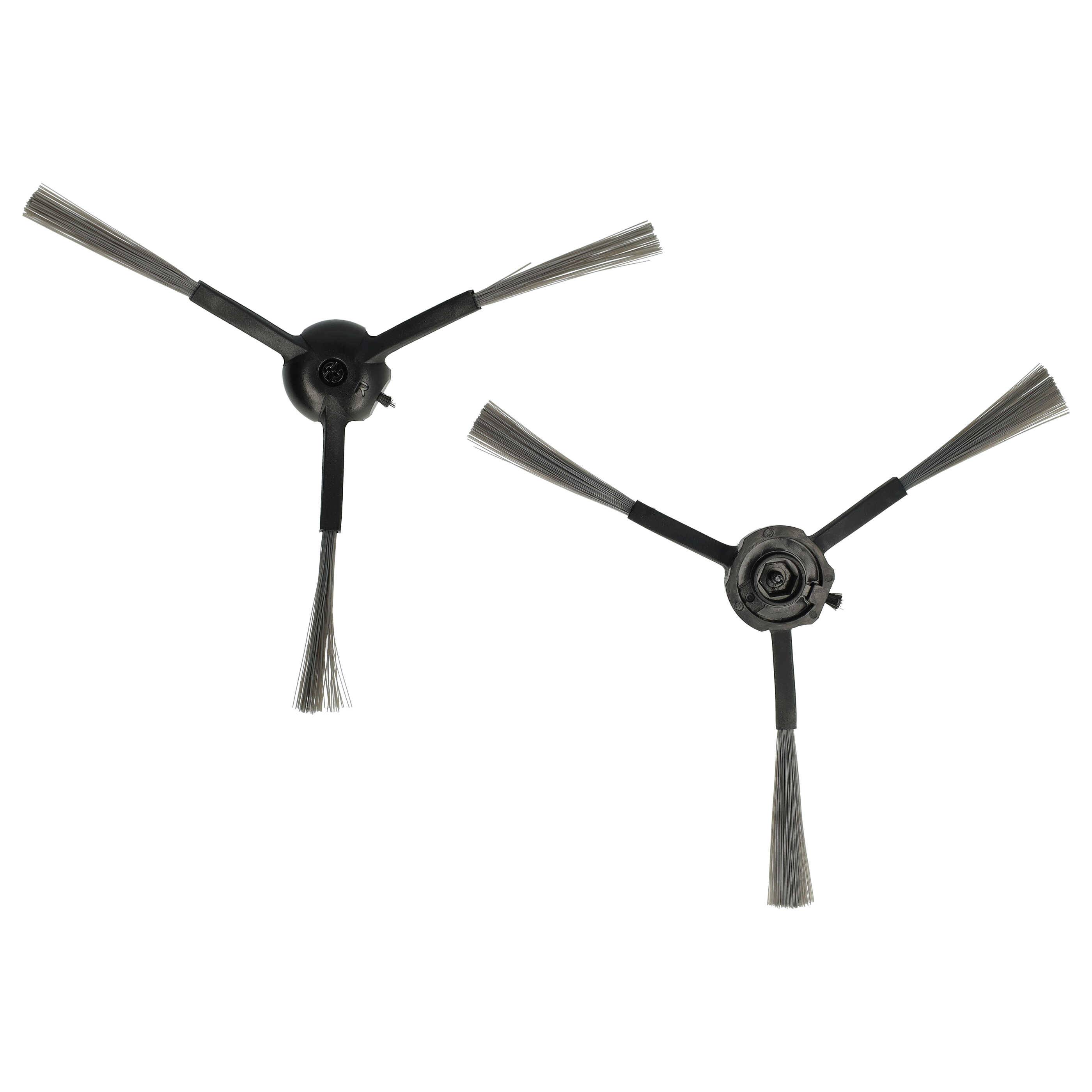 Zwei schwarze, dreizackige Ersatzbürsten für einen Staubsaugerroboter, entwickelt, um Schmutz in den Saugweg des Staubsaugers zu kehren.