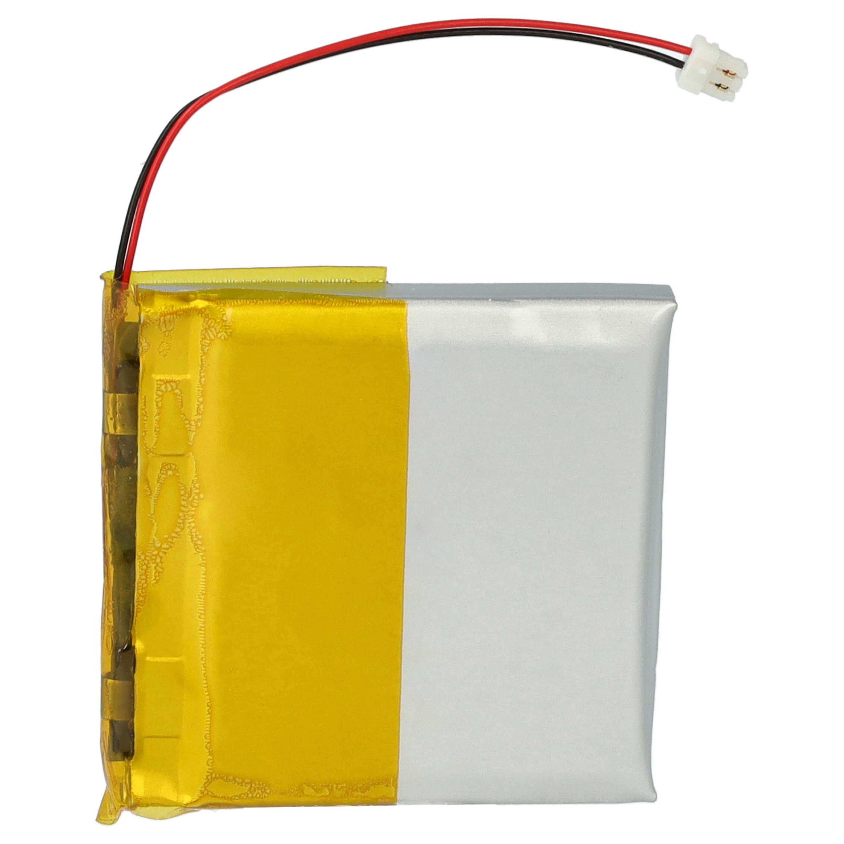 Eine kleine rechteckige Lithium-Ionen-Batterie mit gelbem und silbernem Gehäuse, mit roten und schwarzen Drähten, die in einem weißen Stecker enden.