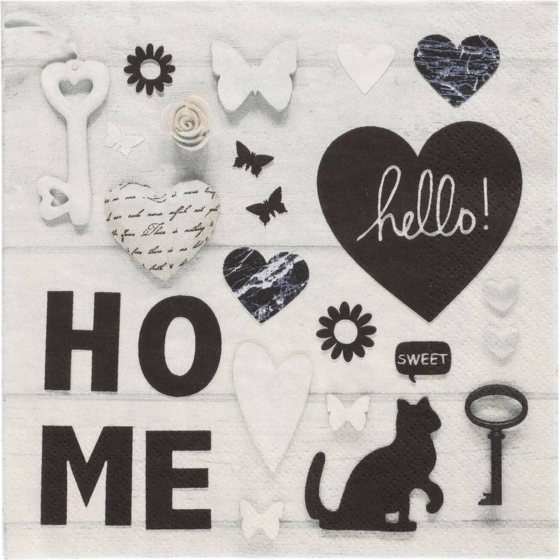 Haus-thematische Collage mit Herzen, Schmetterlingen, einer Katzensilhouette, einem Schlüssel und dem Wort ‚Hallo!', die eine gemütliche, einladende Stimmung betonen.