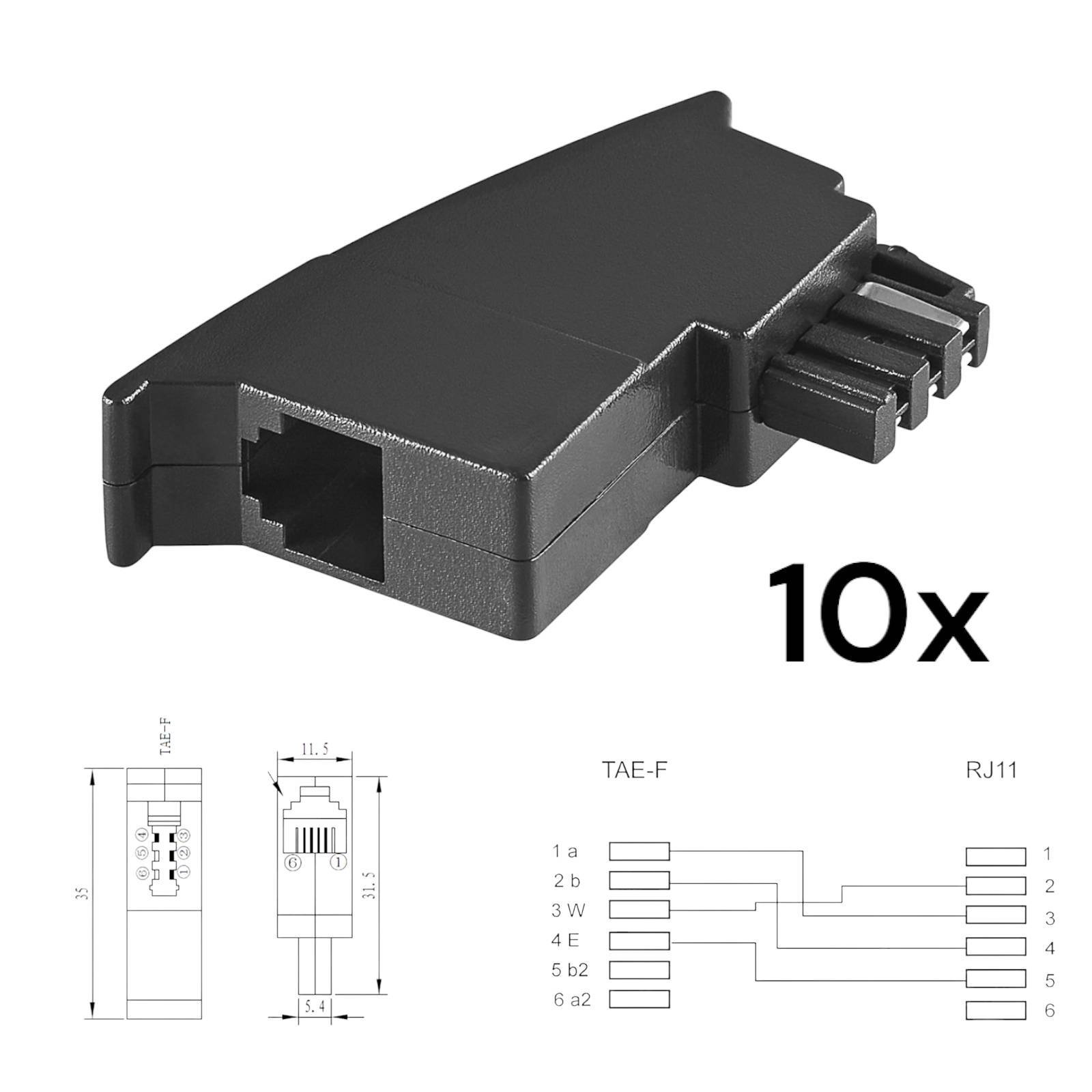 Telefon-Adapter TAE F-Stecker > RJ11 (6P4C) Kupplung (10er-Pack)