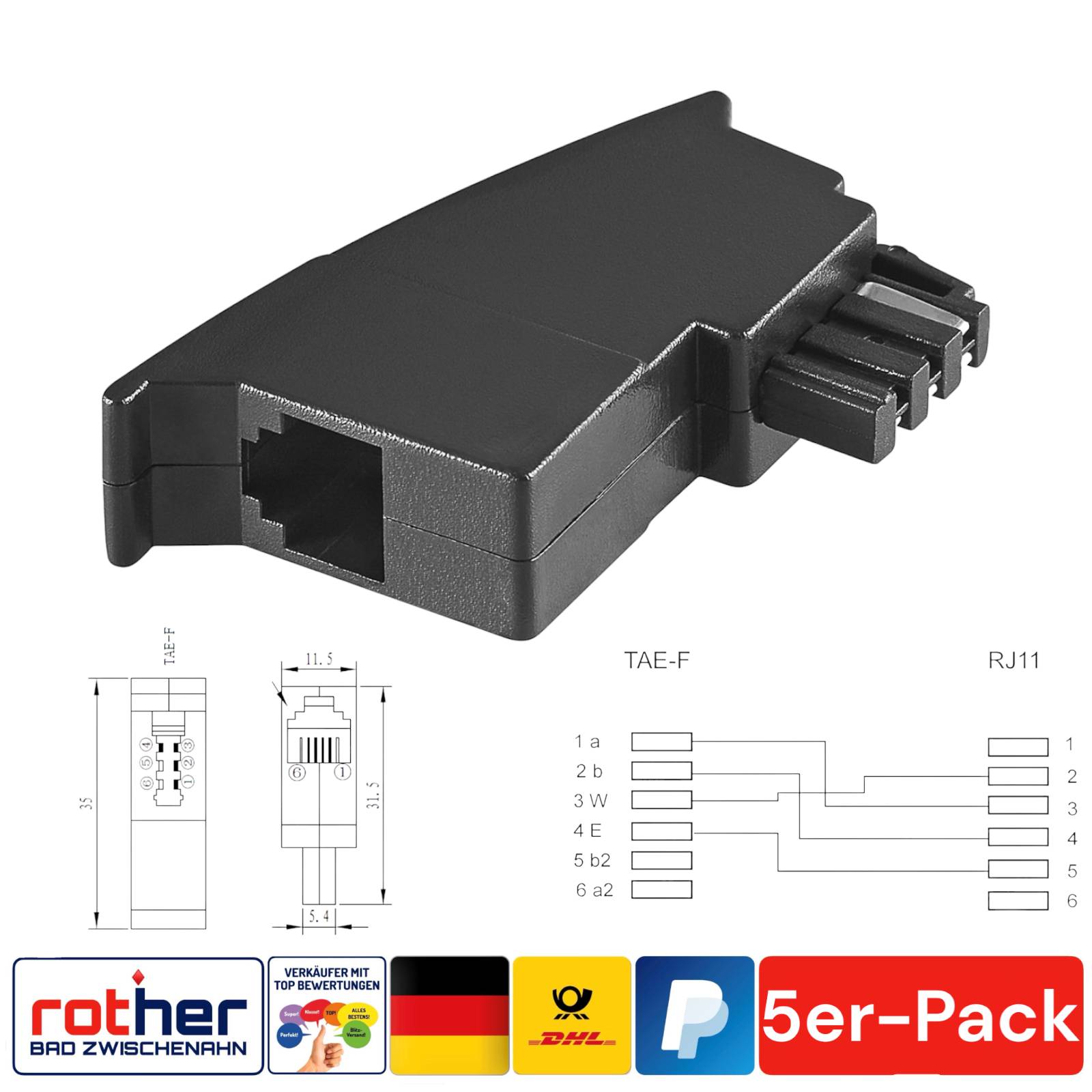 Telefon-Adapter TAE F-Stecker > RJ11 (6P4C) Kupplung (5er-Pack)