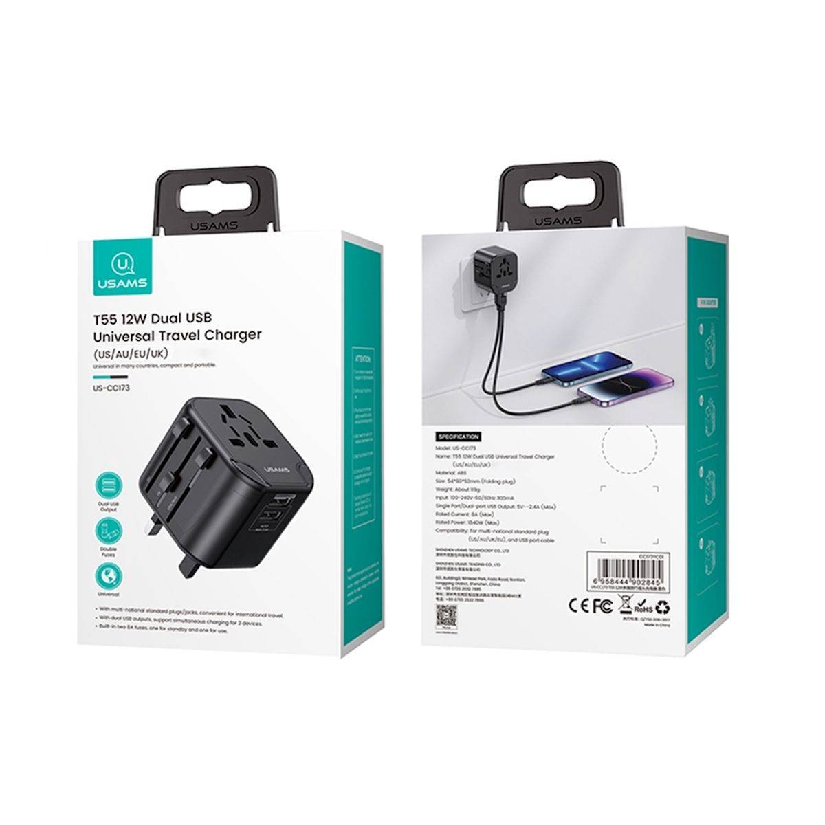 Universeller verstellbarer Reiseadapter 12W Netzteil 2x USB Anschlüsse