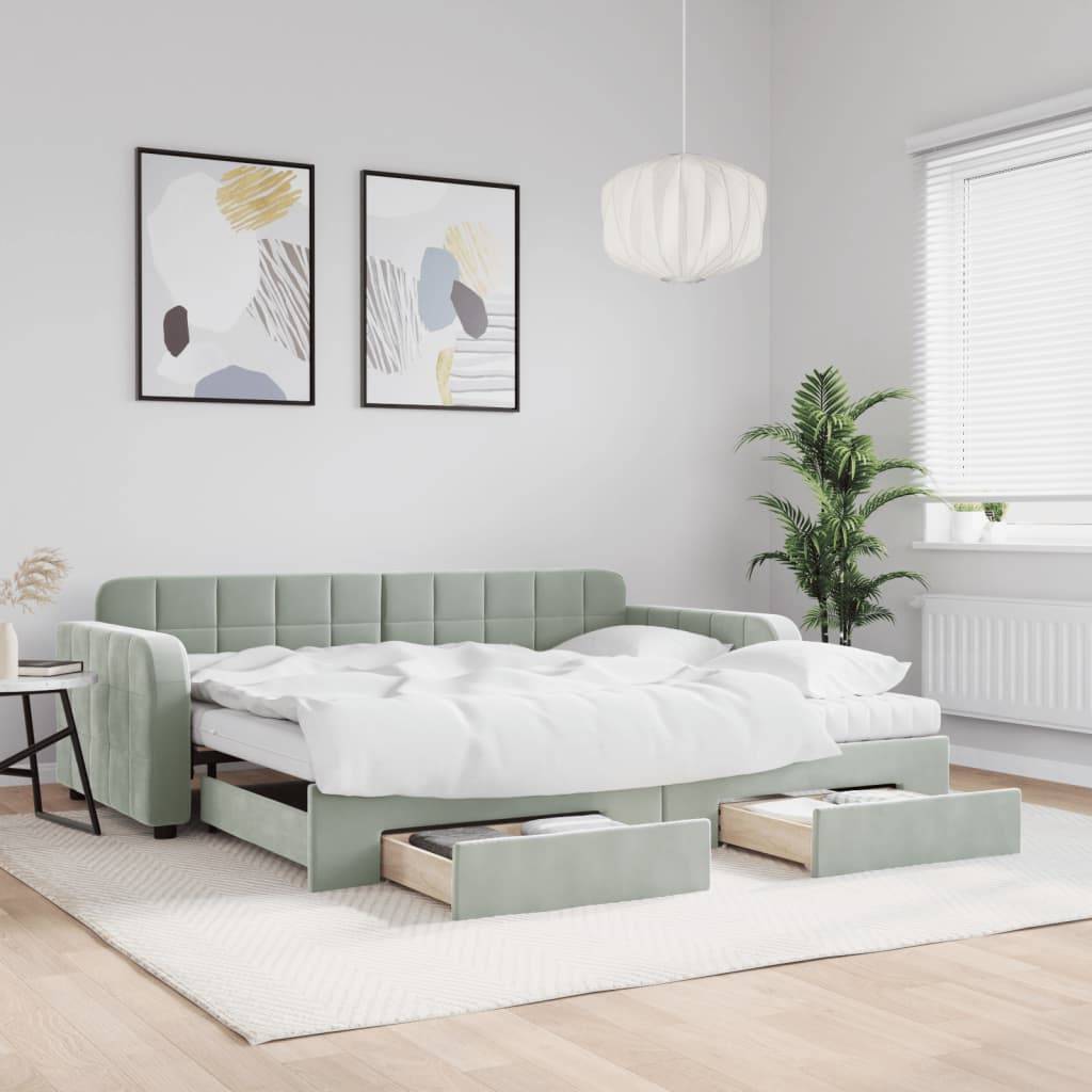 vidaXL Tagesbett Ausziehbar mit Schubladen Hellgrau 90x190 cm Samt