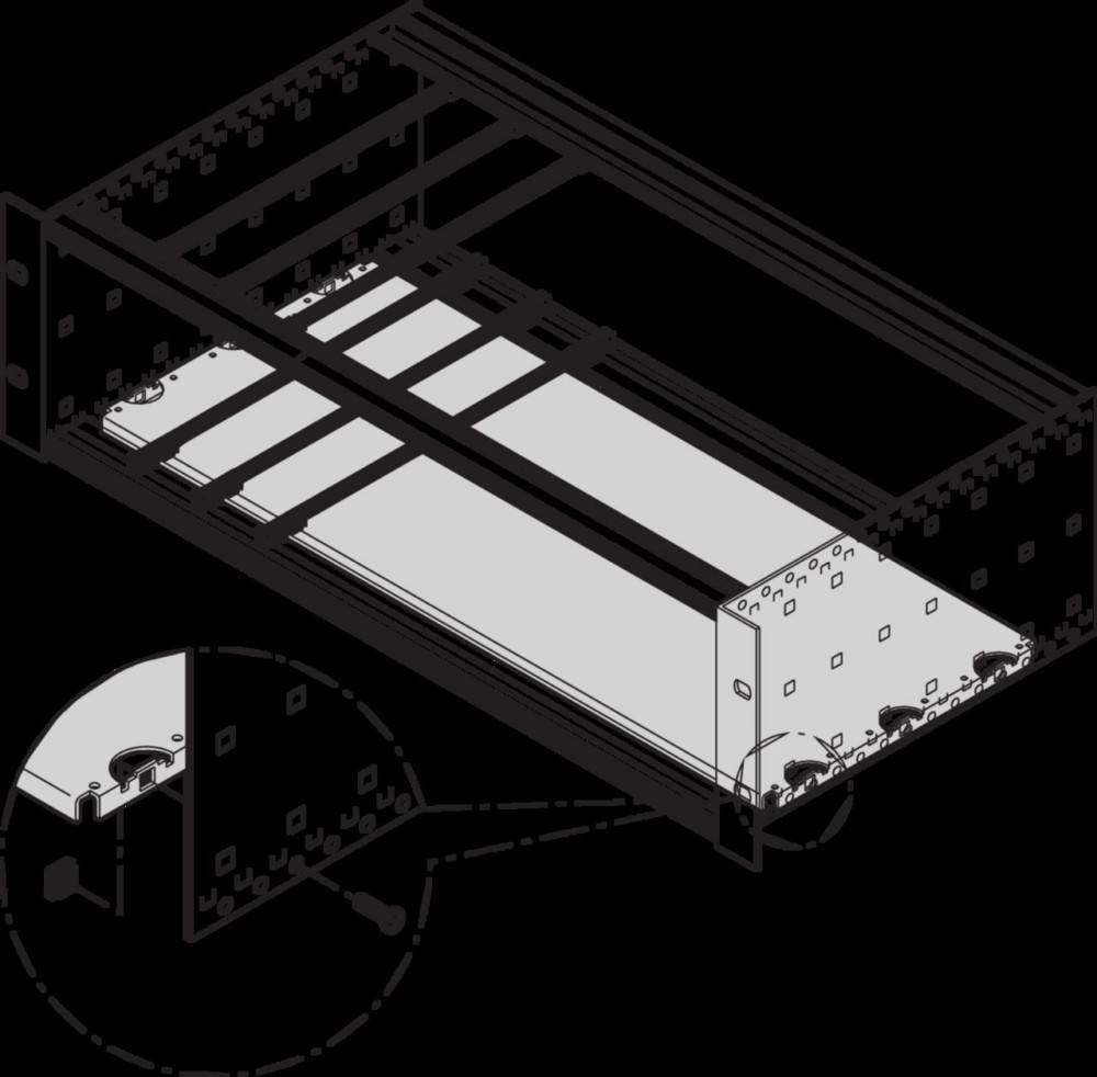 Darstellung eines Serverracks mit Fokus auf den schienenmontierte Speichereinheiten. Eine Detailansicht kreist den Schienenanbringungsmechanismus ein.