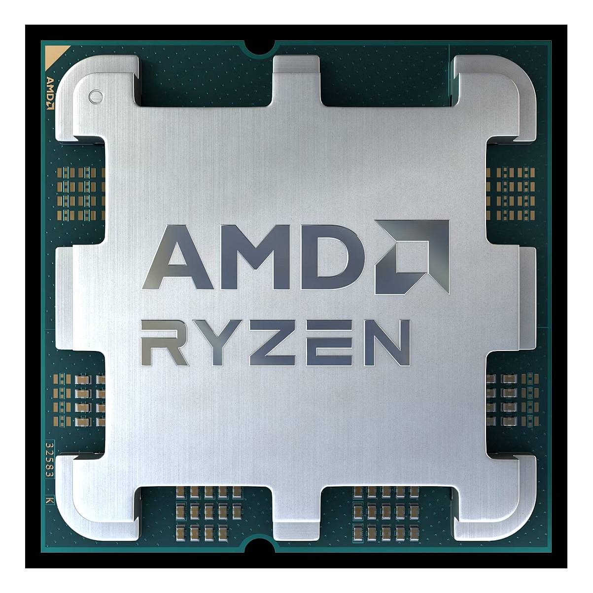 Eine Nahaufnahme eines AMD Ryzen Computer-Prozessors, die die metallische Oberfläche mit dem prominent auf dem Chip angezeigten Logo zeigt.