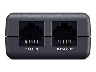 Ein kleines schwarzes Gerät mit zwei Ethernet-artigen Anschlüssen mit den Beschriftungen 