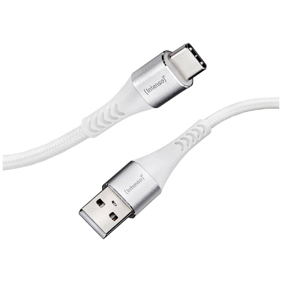 Ein weißes USB-Kabel mit einem USB-Type-A-Stecker an einem Ende und einem USB-Type-C-Stecker am anderen Ende.