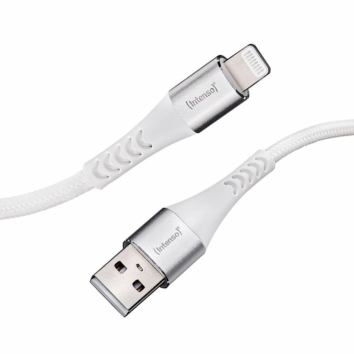 Ein Nahaufnahmebild eines weißen USB-zu-Lightning-Kabels von „Intenso