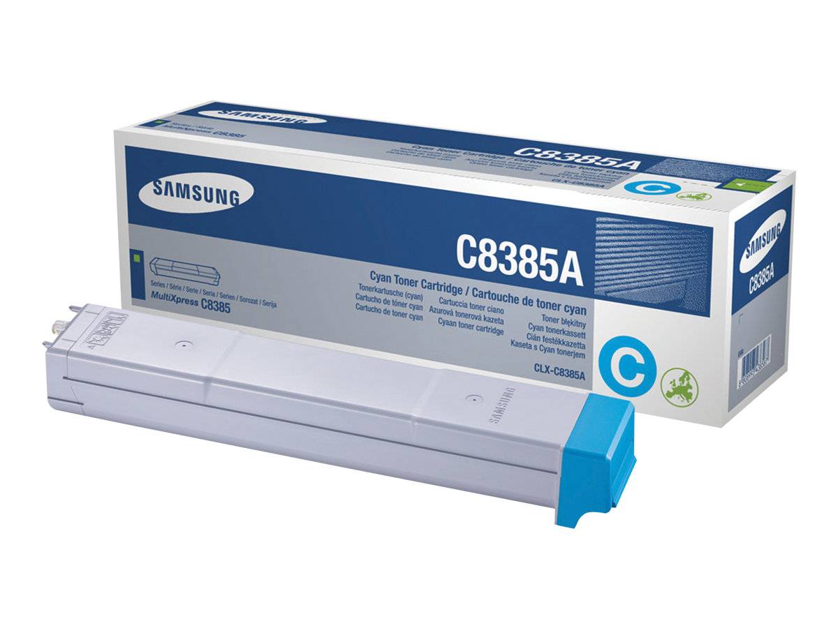 Eine türkisfarbene Samsung-Tonerkassette für CLX-C8385A-Drucker, präsentiert mit ihrer Verpackung, die Produktdetails und blaue Farbakzente zeigt.