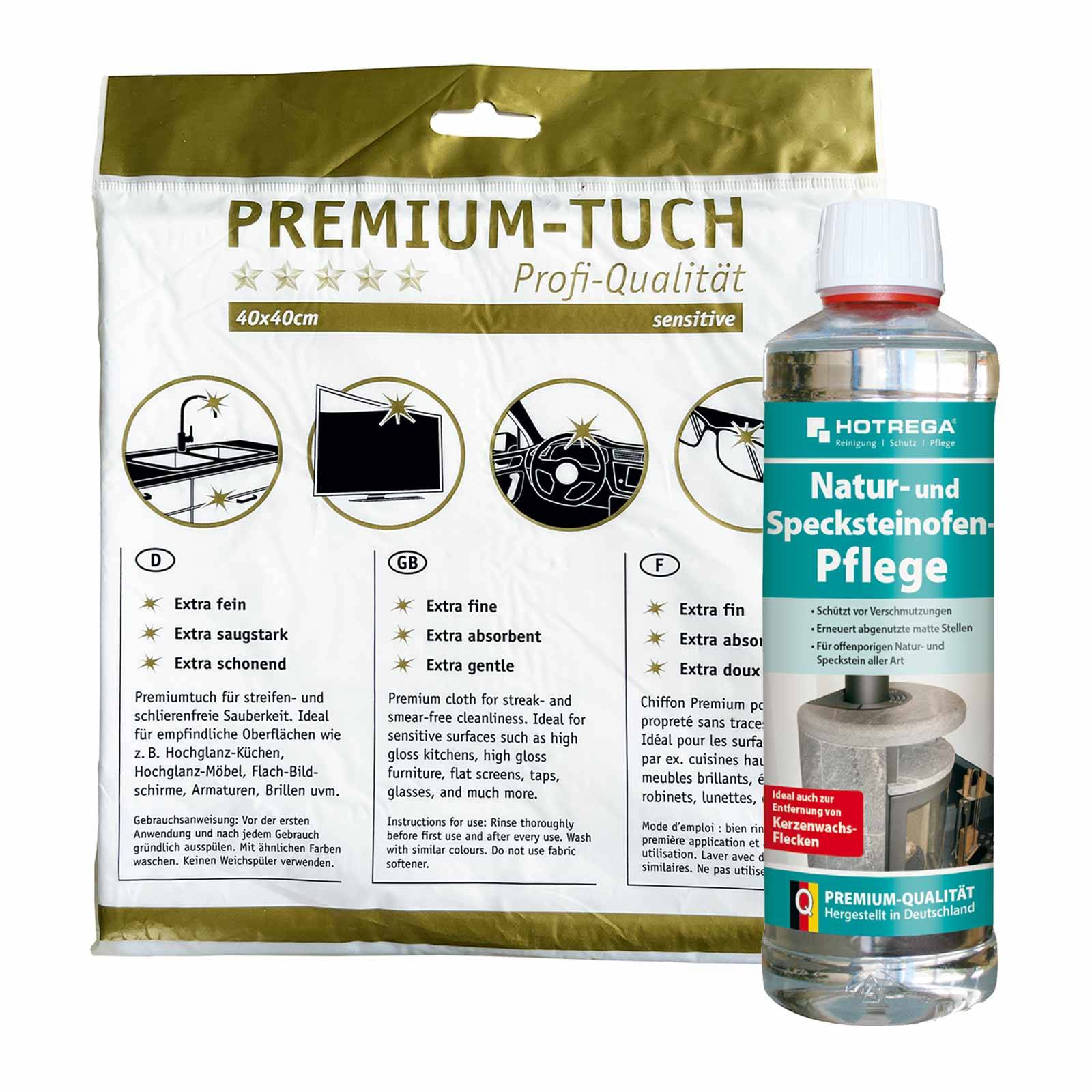 HOTREGA Specksteinofen Pflege & Natursteinofen Pflege 500ml inkl. Microfasertuch