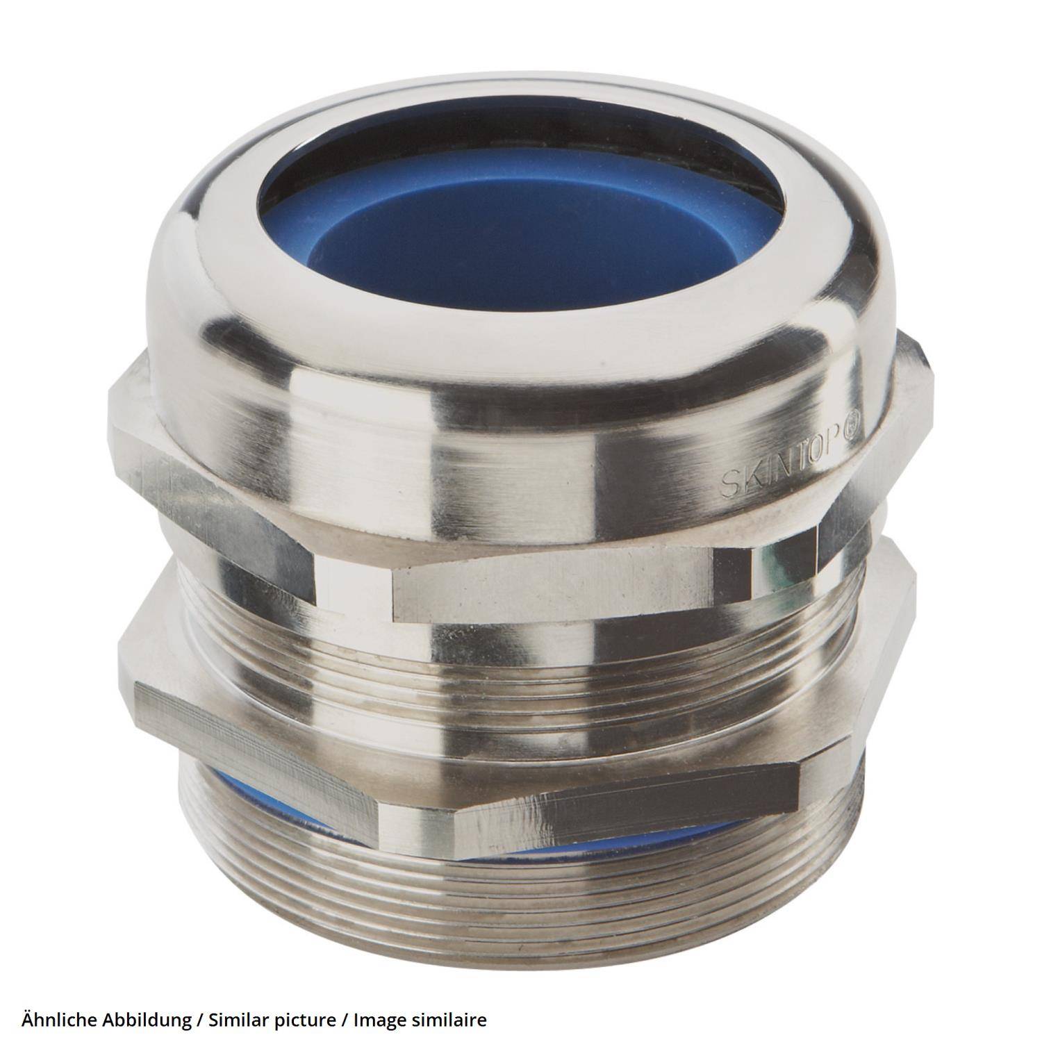 Eine Kabelverschraubung aus Metall mit einer Sechskantmutter und einem blauen Dichtungseinsatz, die zum Sichern und Abdichten von Kabeln in Geräten verwendet wird.