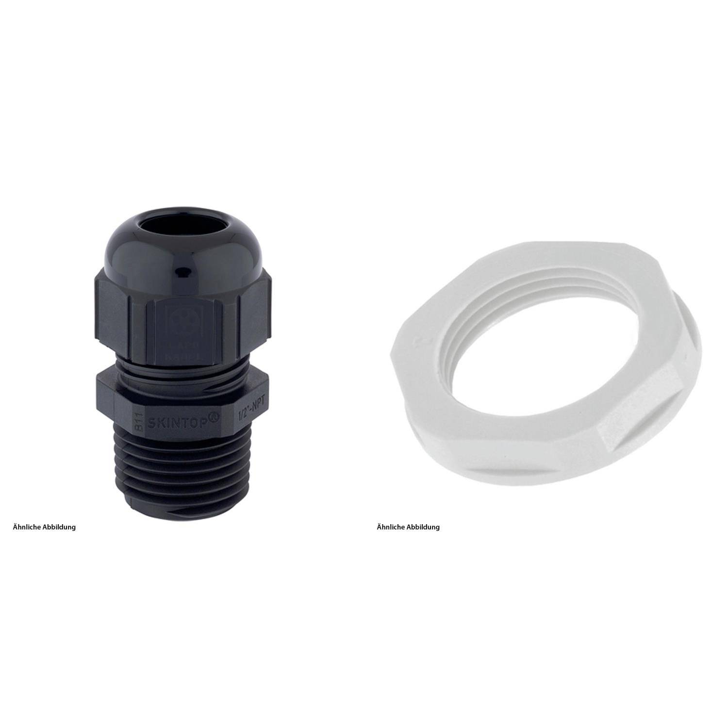 Kabelverschraubung links mit einem schwarzen zylindrischen Körper, der eine Gewindebasis und eine gewölbte Oberseite aufweist, 'Mutter' rechts in weiß, sechseckige Form.