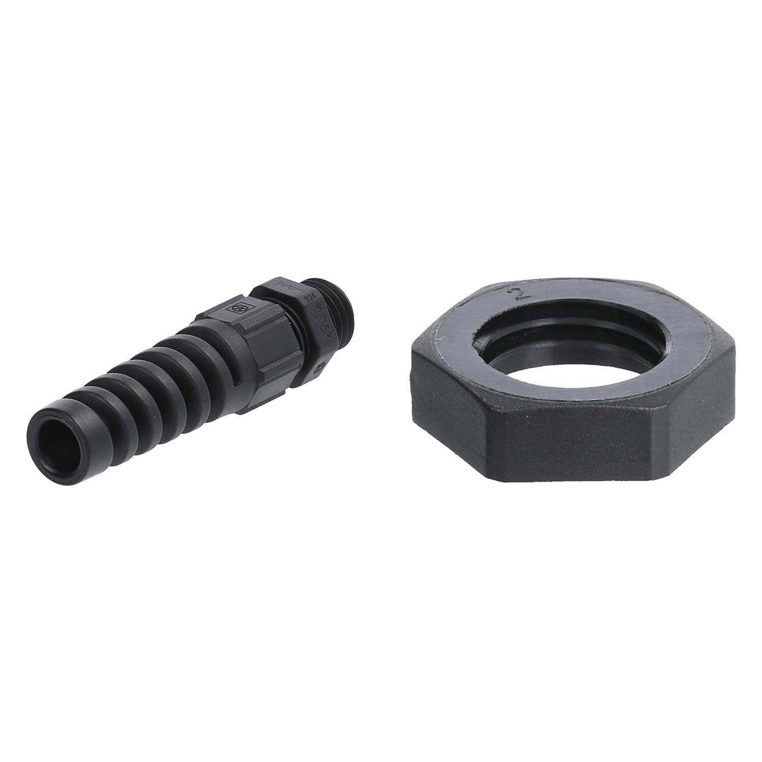 Kunststoff-Schlauchstutzen-Verbinder und Sechskantmutter.