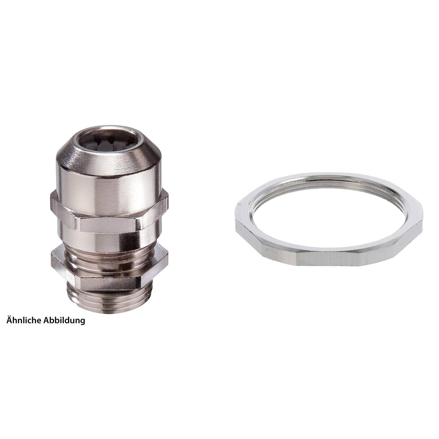 Ein metallischer Verbinder mit einem abnehmbaren Ring daneben, der eine zweiteilige Baugruppe zur Kabelführung veranschaulicht.
