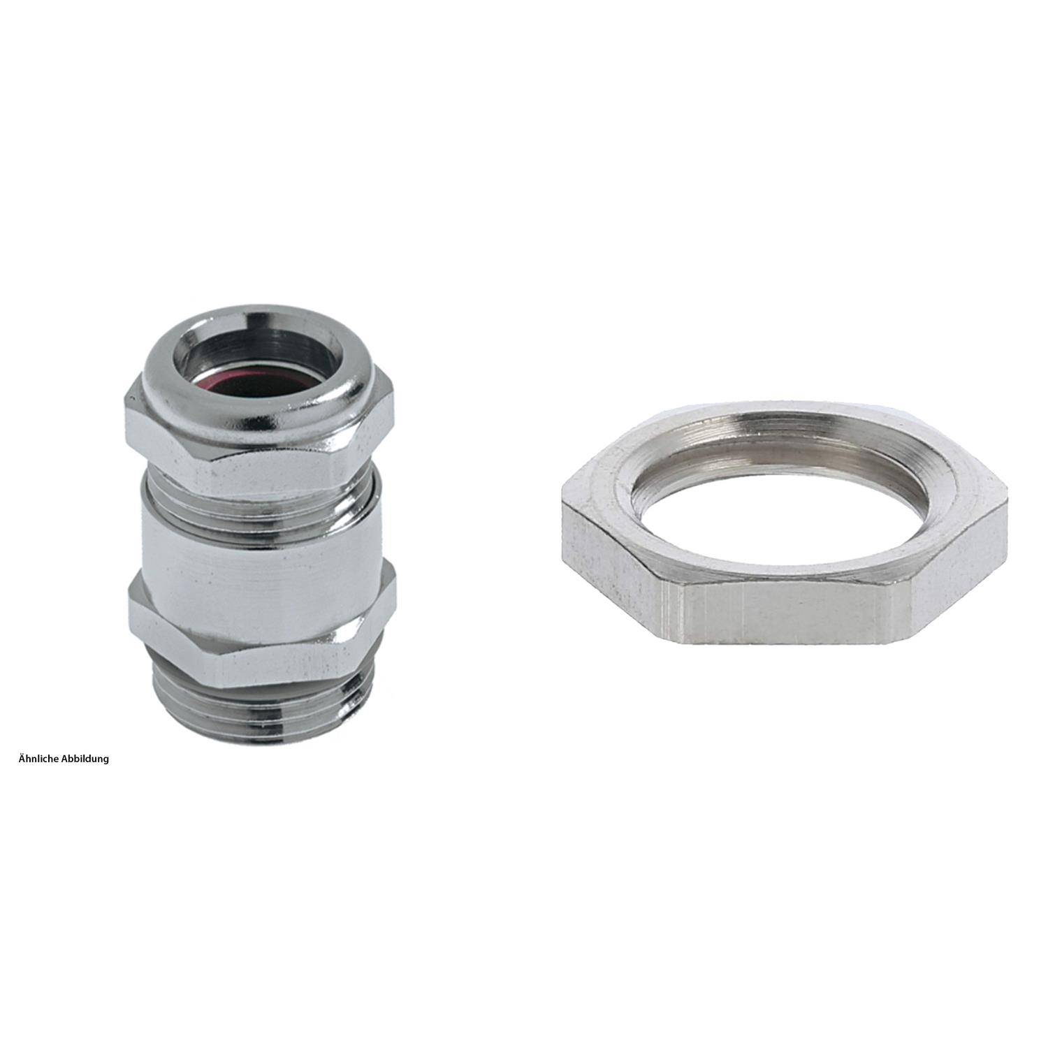 Eine Metall-Kabelverschraubung mit sechseckiger Mutter, die zur Befestigung von Kabeln und Zugentlastung in elektrischen Installationen verwendet wird.