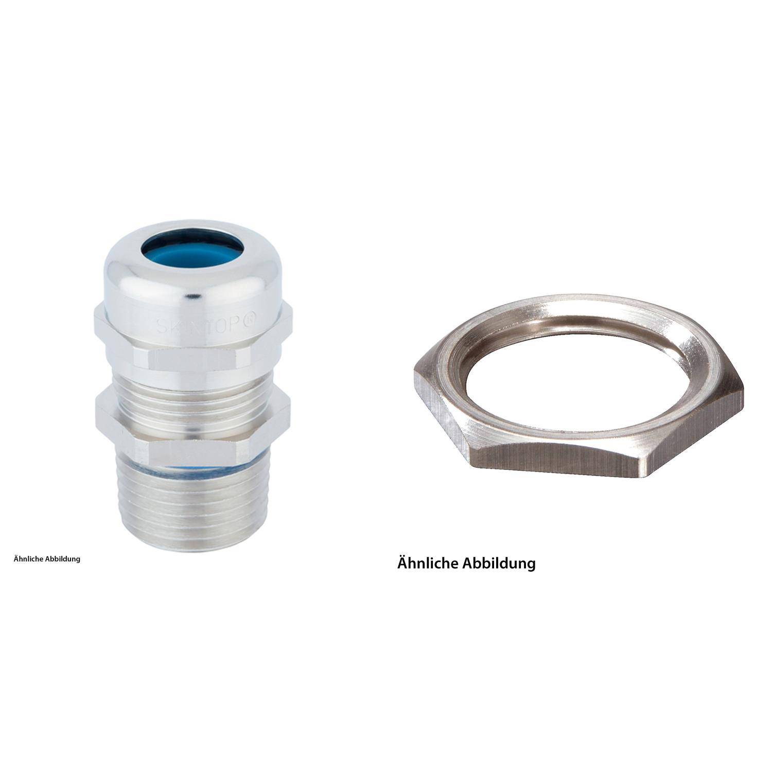 Eine Edelstahlarmatur und eine Mutter, die zum Befestigen von Kabeln verwendet wird, nebeneinander auf einem weißen Hintergrund präsentiert.