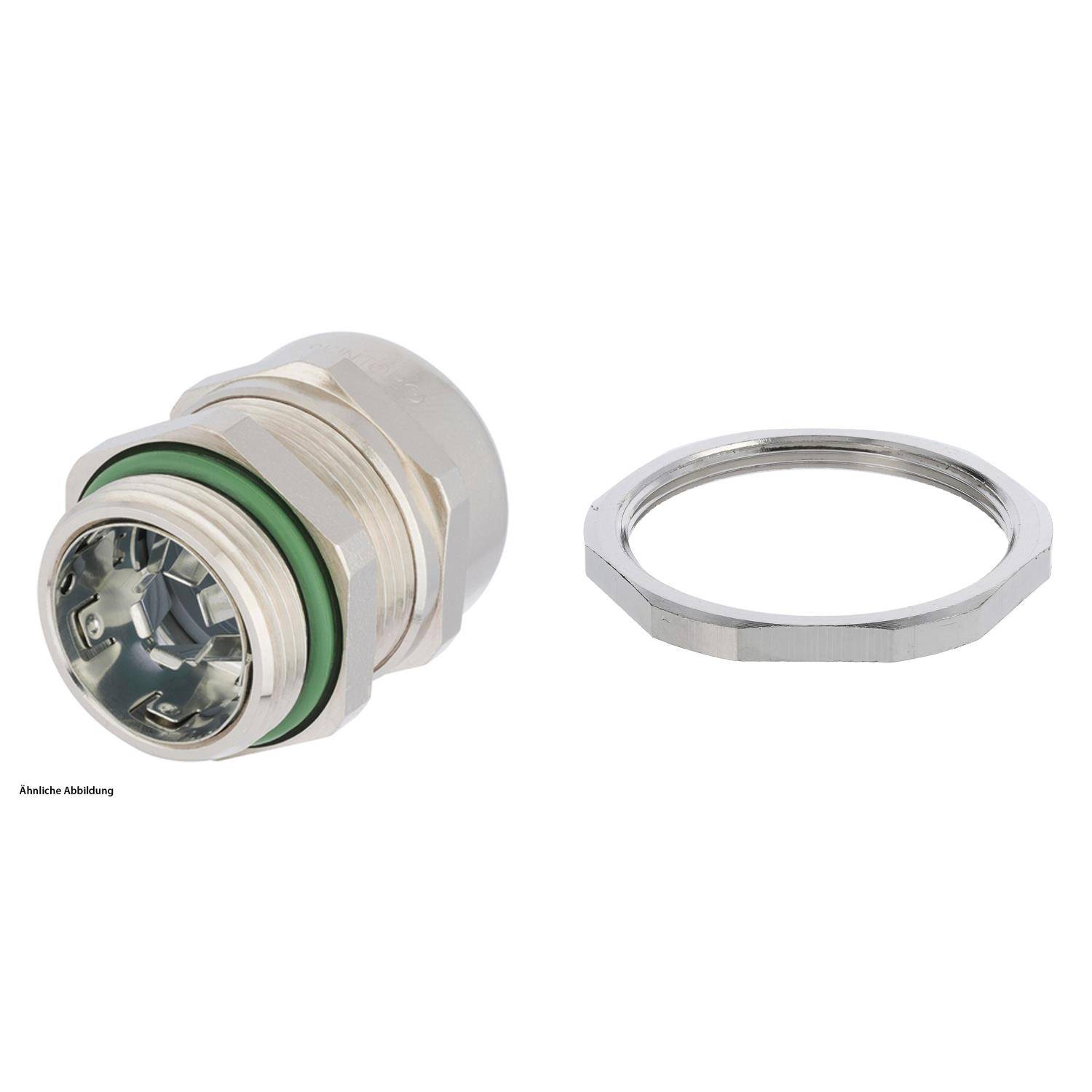 Metallisches Verbindungsstück mit einem grünen Ring und einem begleitenden Metallring, wahrscheinlich zur Verwendung bei Montagearbeiten in mechanischen Anwendungen.