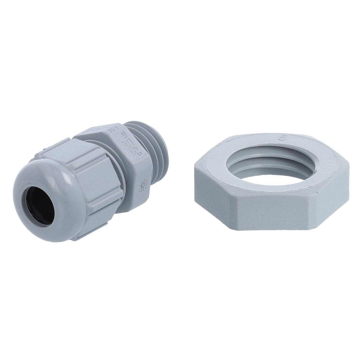 Eine graue Plastik-Kabelverschraubung mit einer passenden Mutter, entwickelt zum Sichern und Abdichten von Kabeln in elektrischen Systemen.