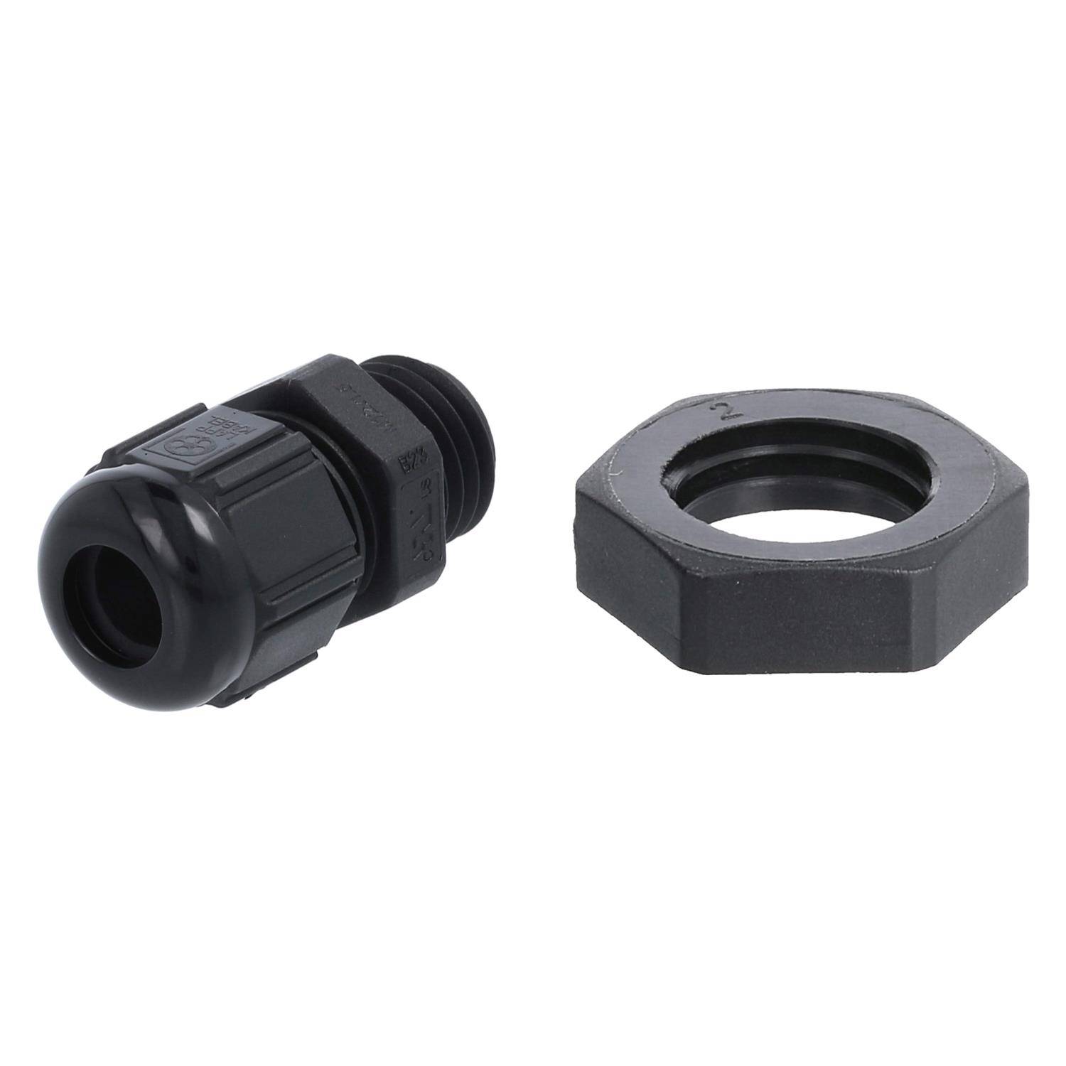 Eine schwarze Kabelverschraubung mit zugehöriger Sechskantmutter, entwickelt zum Befestigen von Kabeln und zur Zugentlastung in elektrischen Installationen.