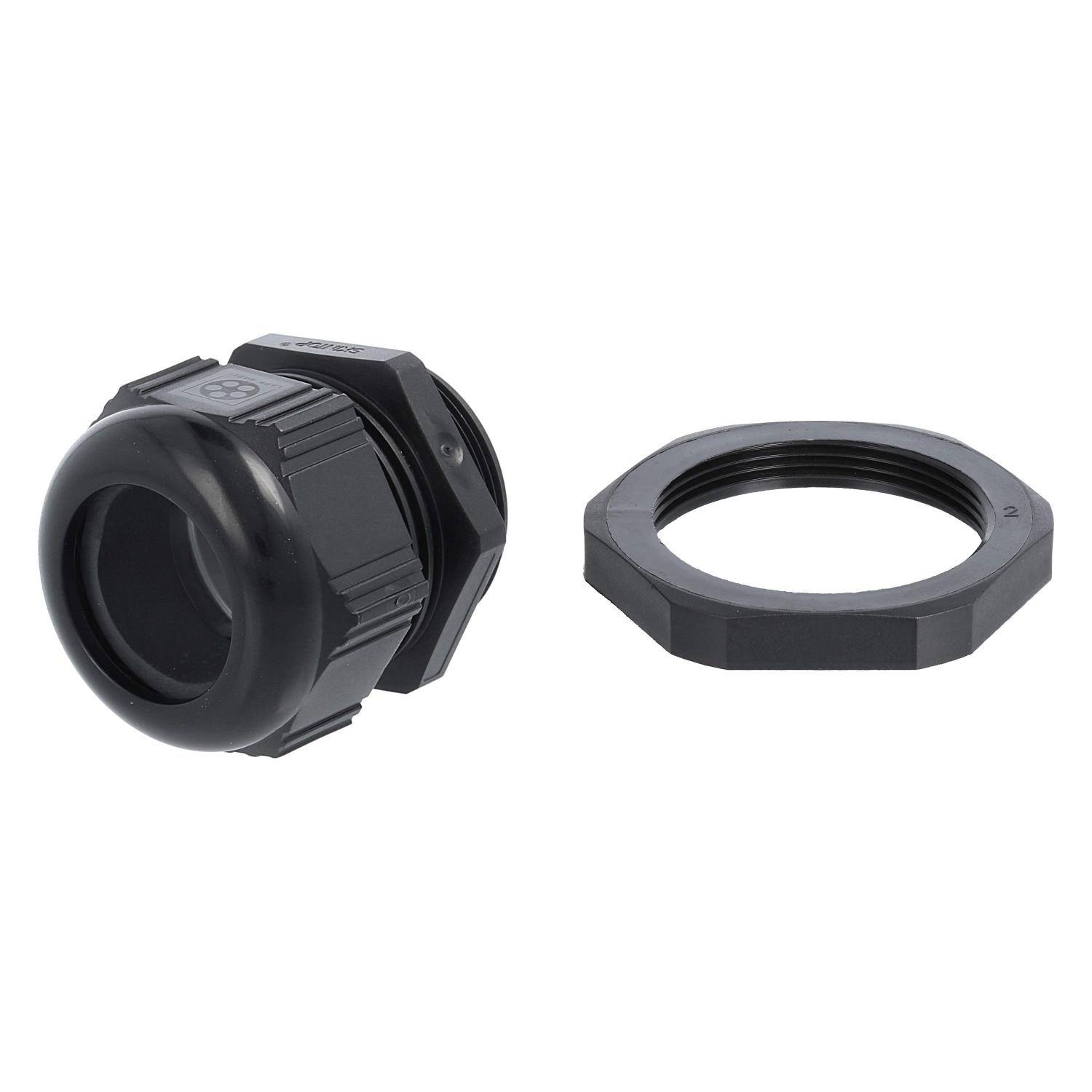 Eine schwarze Kabelverschraubung mit Sechskantmutter, die zum Abdichten von Kabeln beim Durchgang durch Gehäuse verwendet wird und sichere und wasserdichte Verbindungen gewährleistet.