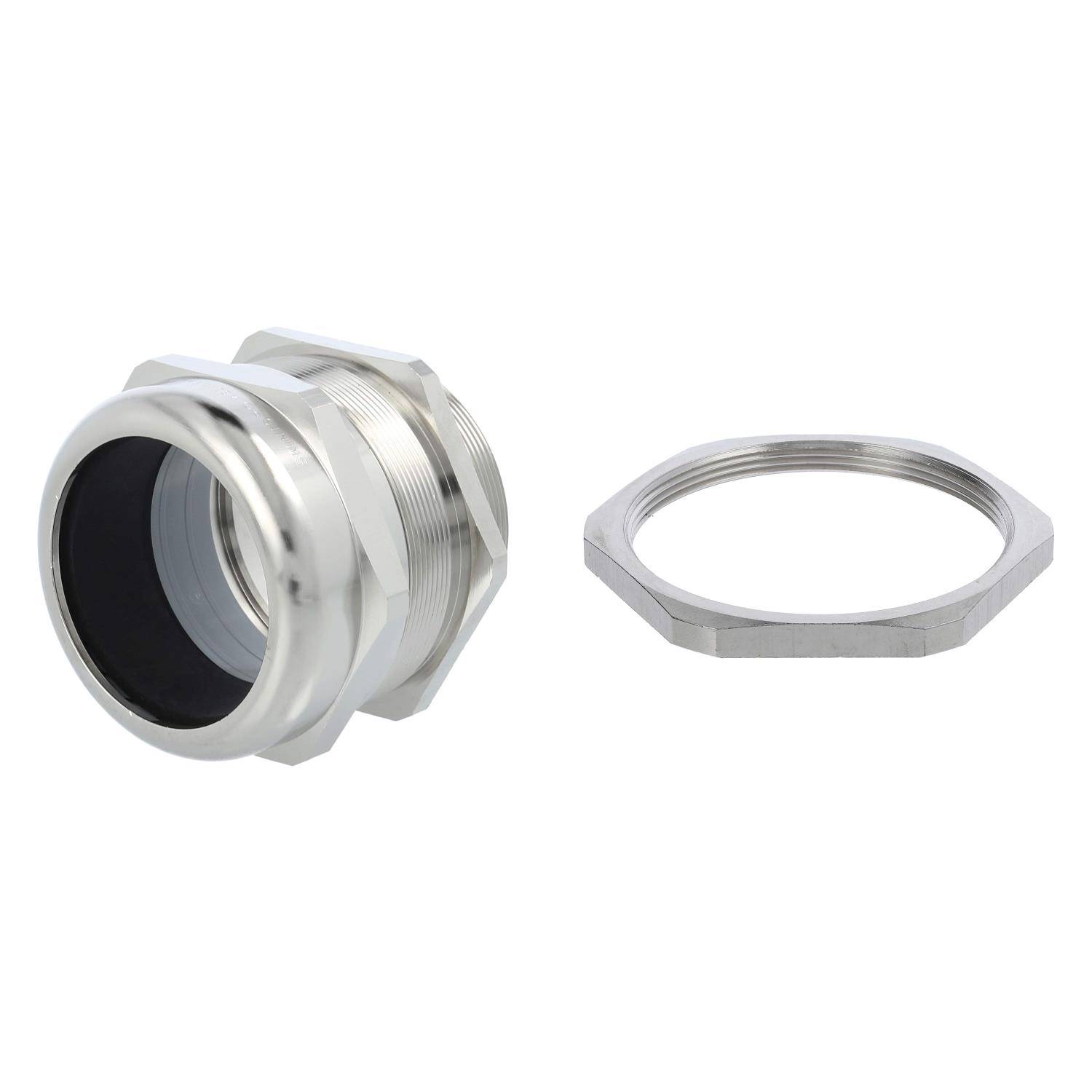 Ein Metall-Kabelverschraubung mit sechskantiger Sicherungsmutter, entwickelt zum Befestigen von Kabeln und zur Zugentlastung in elektrischen Gehäusen.