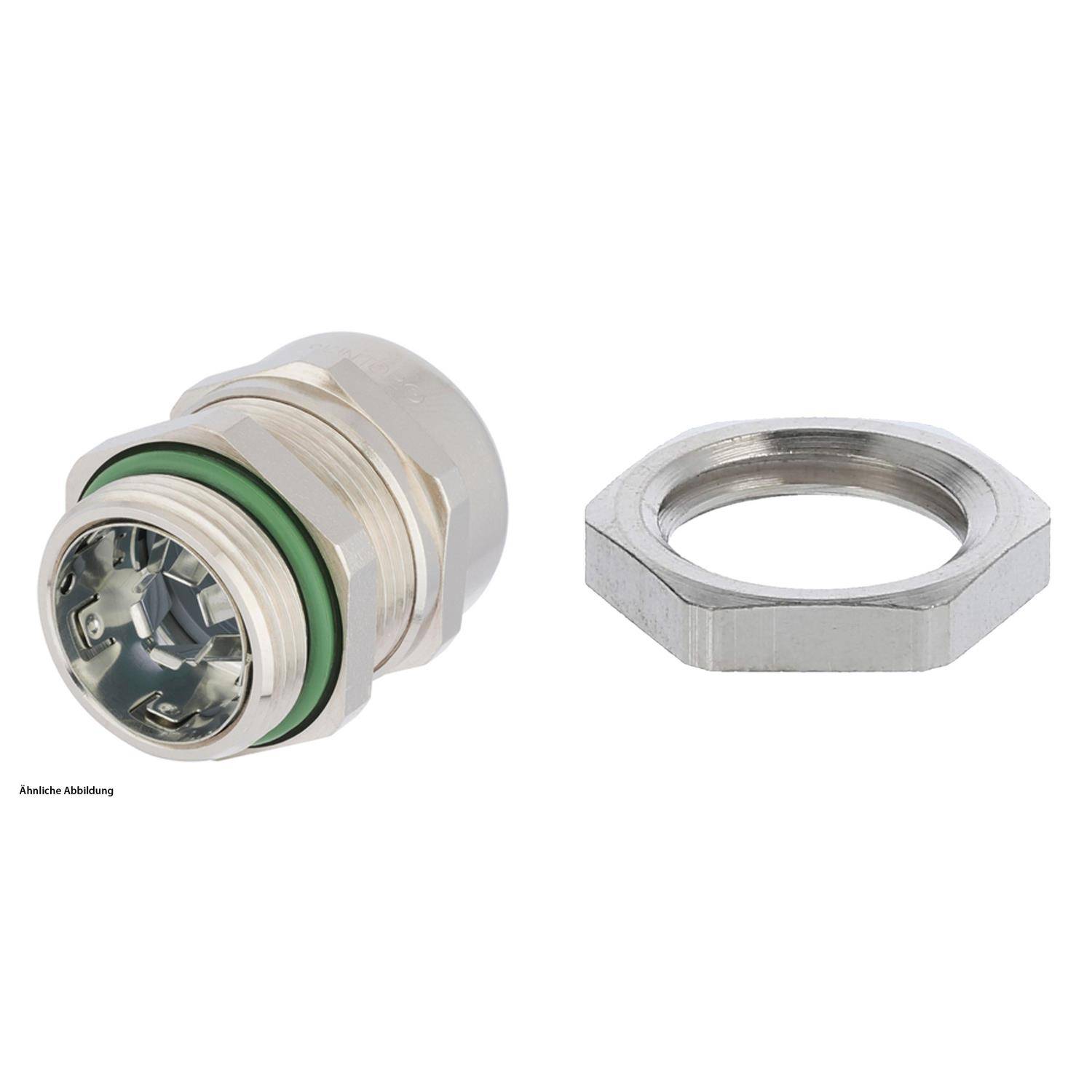 Eine Kabelverschraubung aus Metall mit einer sechseckigen Sicherungsmutter, ausgestattet mit einem grünen Dichtring, entwickelt zur Befestigung und Abdichtung von Kabeln in Gehäusen.