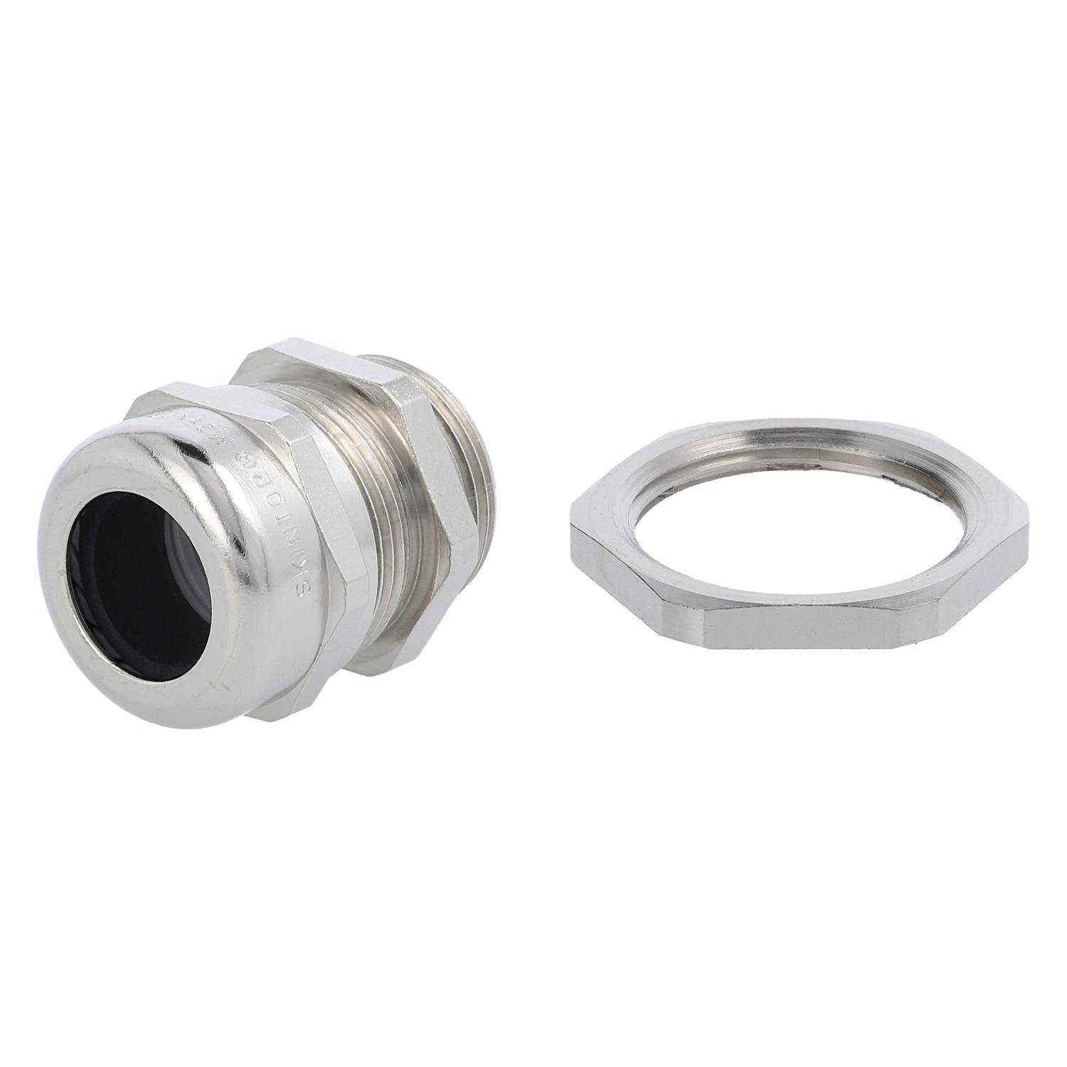 Eine Kabelverschraubung aus Metall und die passende Mutter werden gezeigt, die zum Sichern von Kabeln durch ein Gehäuse dienen, Zugentlastung bieten und abdichten.