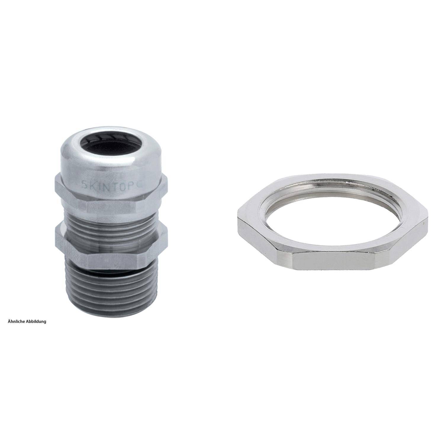 SKINTOP' Metall-Kabelverschraubung links mit sechseckiger Sicherungsmutter rechts; beide sind wesentliche Komponenten zur Befestigung von Kabeln.
