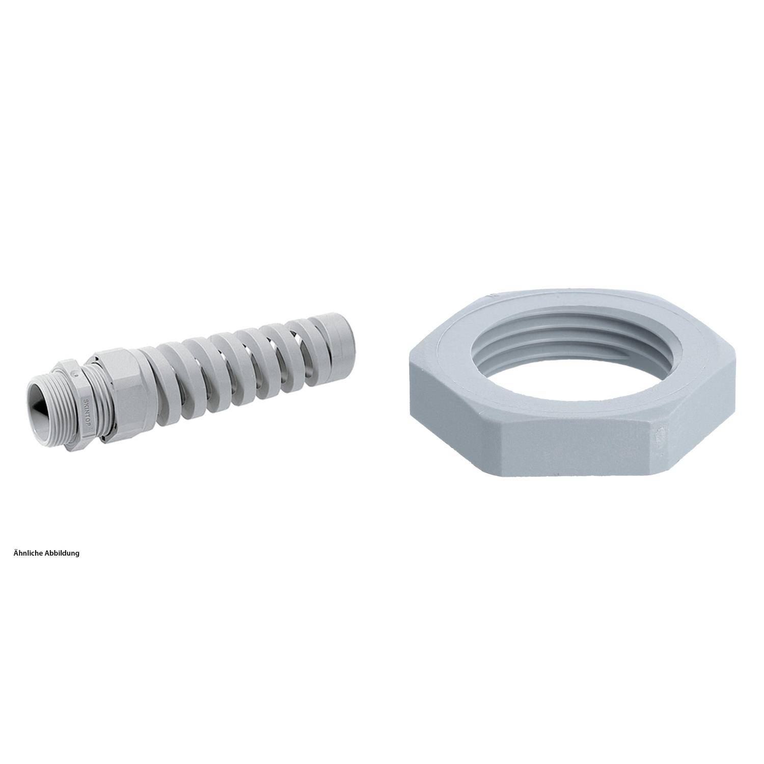 Rechteck-Gewindeverschraubung mit einer Gewebeschlauchverschraubung und einer sechskantigen Mutter, verwendet in technischen Anwendungen.