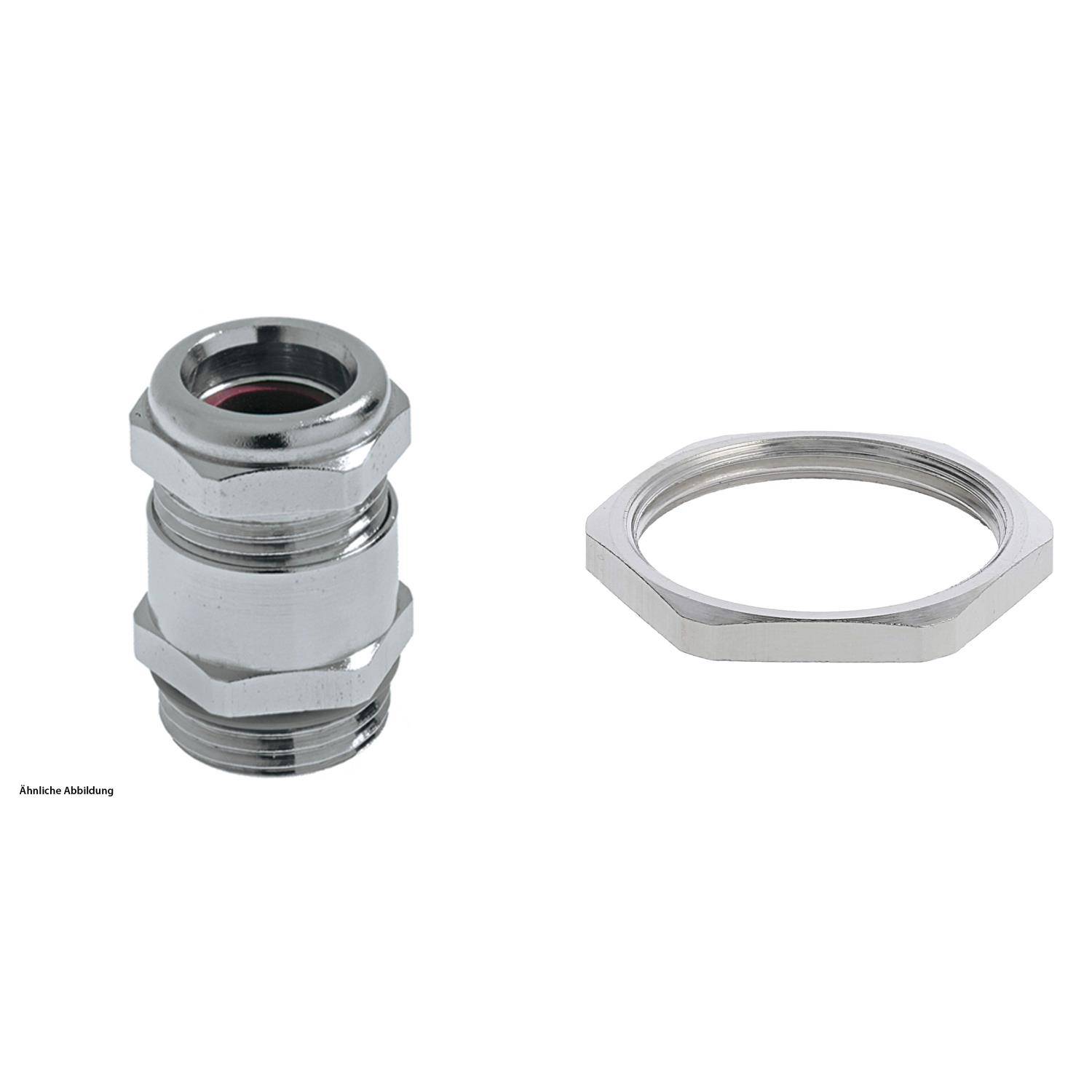 Metall-Kabelverschraubung mit sechskantiger Befestigungsmutter.