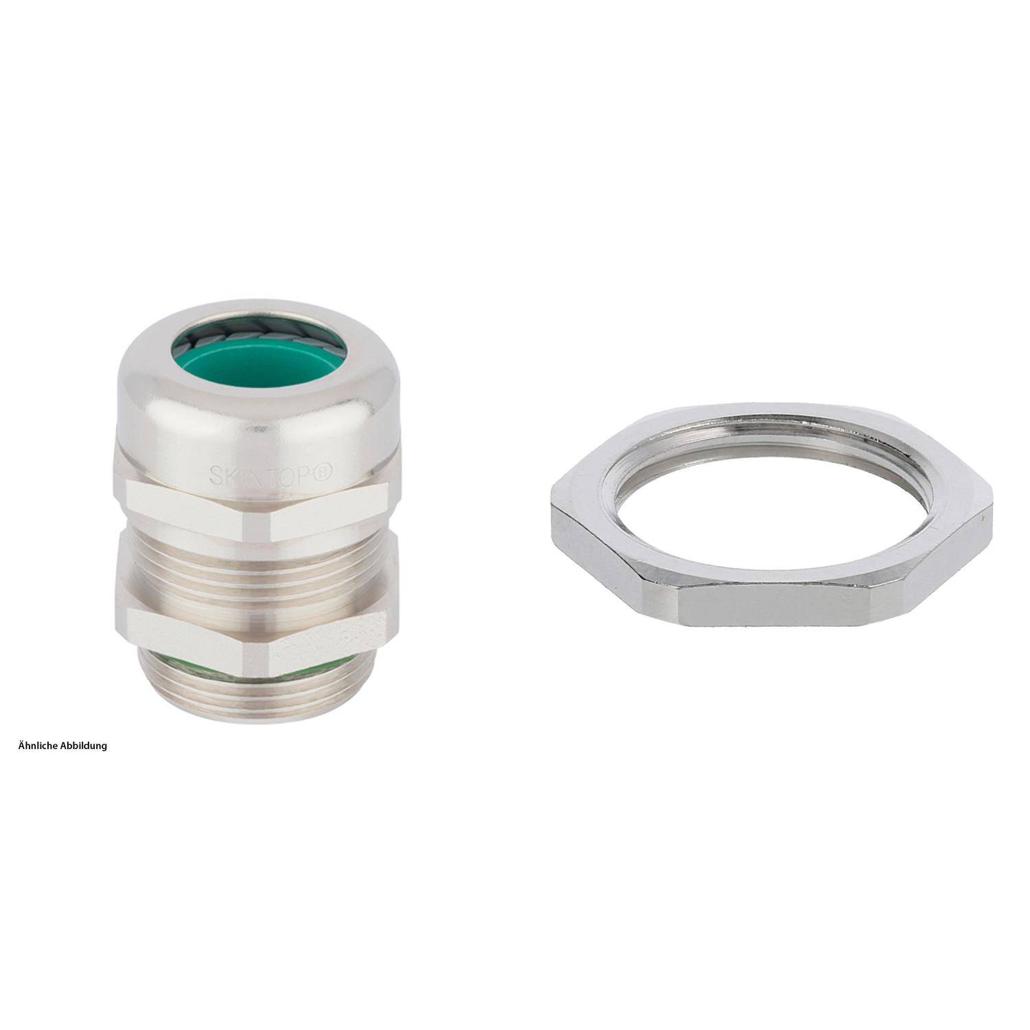 Bild einer Metall-Kabelverschraubung mit einer grünen Dichtung und einer passenden Sicherungsmutter, die zur Befestigung von Kabeln und zur Zugentlastung verwendet wird.