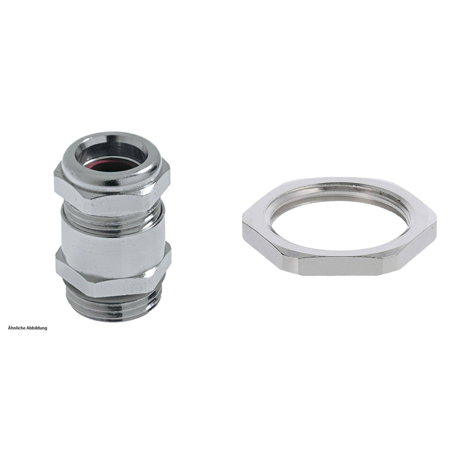 Eine Kabelverschraubung aus Metall und eine Sechskant-Gegenmutter, beide silberfarben, zum Befestigen von Kabeln durch ein Gehäuse, einzeln dargestellt.