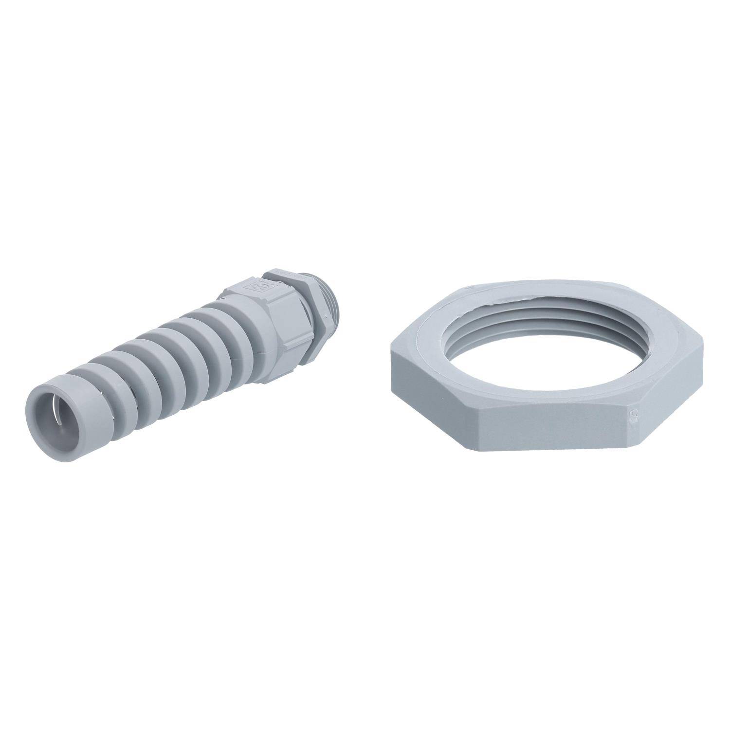 Eine graue Schlauchschnellkupplung mit Gewinde und passender sechseckiger Mutter, die zum Befestigen eines Schlauchs an einem Rohr oder Anschluss dient, auf weißem Hintergrund präsentiert.