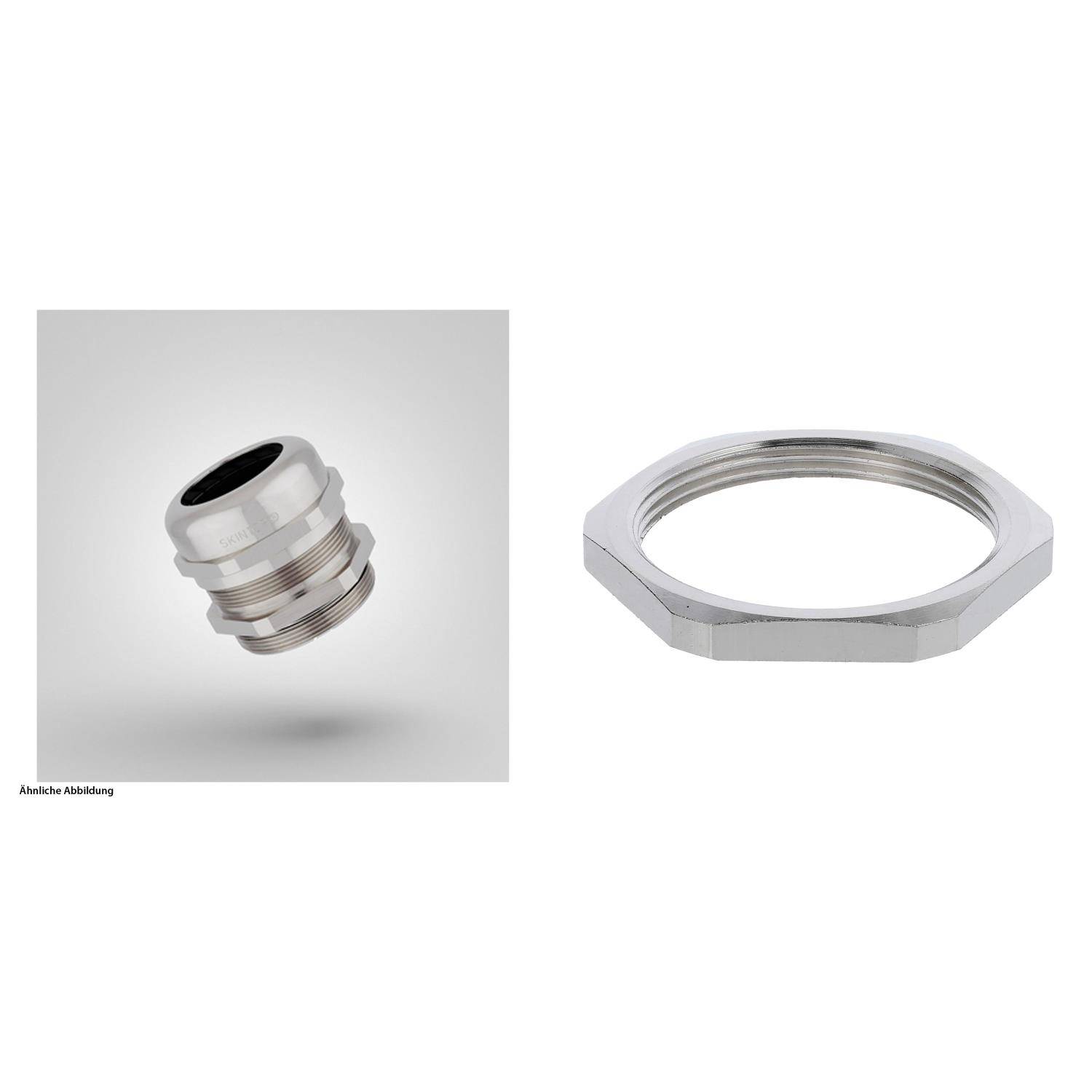 Ein metallischer Kabelverschraubung mit Gegenmutter, die zum Sichern von Kabeln an Verteilerdosen oder Gehäusen verwendet wird.