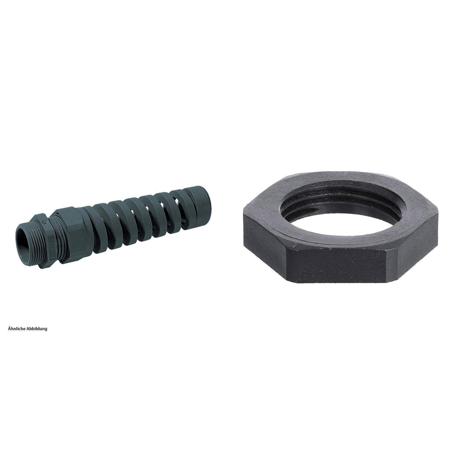 Eine schwarze Gewindeanordnung mit gewundener Gestaltung befindet sich neben einer großen sechseckigen Mutter mit einem zentralen Loch.