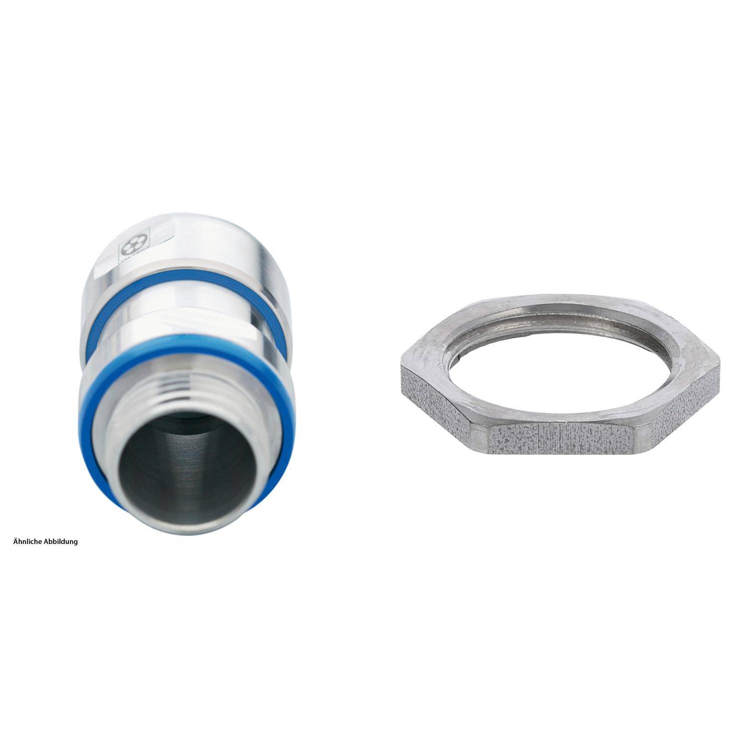 Eine Chrom-Rohrverschraubung mit einem blauen Ring und einer passenden Sechskantmutter, verwendet für Sanitärinstallationen.