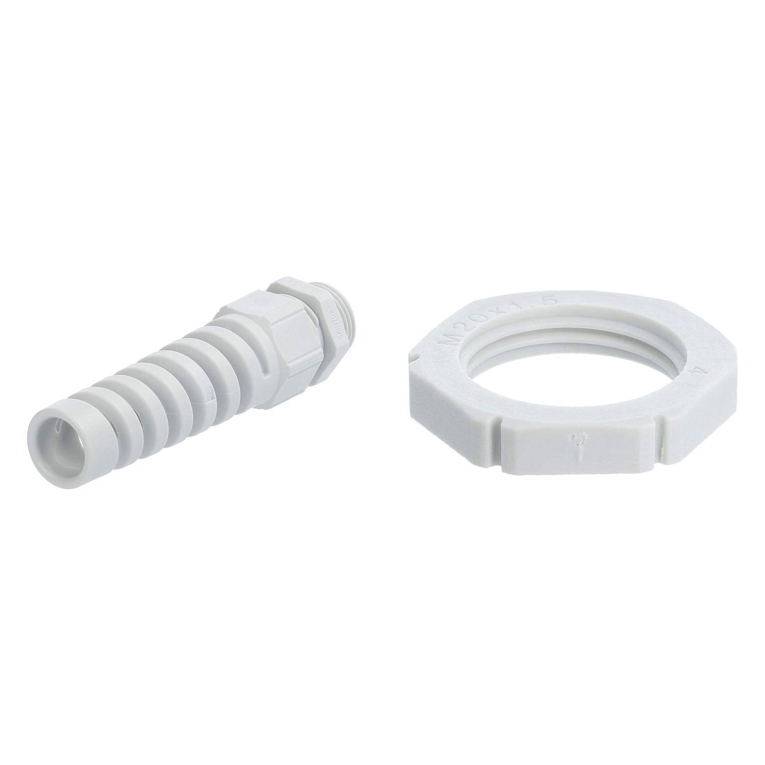 Ein grauer Schlauchtülle und eine passende Mutter, nebeneinander dargestellt, zur sicheren Verbindung von Schläuchen in sanitärtechnischen Anwendungen.